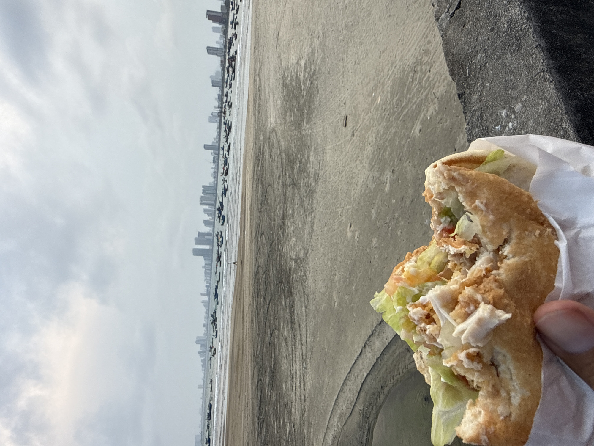 The image shows a partially eaten sandwich held in a person's hand. The sandwich contains lettuce and some white sauce, possibly mayonnaise. The background reveals a beach in Đà Nẵng, Vietnam, with numerous fishing boats lining the shore. A city skyline is visible in the distance, likely the urban area of Đà Nẵng. The weather is overcast with a gray sky. The sandwich is held near a concrete surface, possibly a seawall or sidewalk.