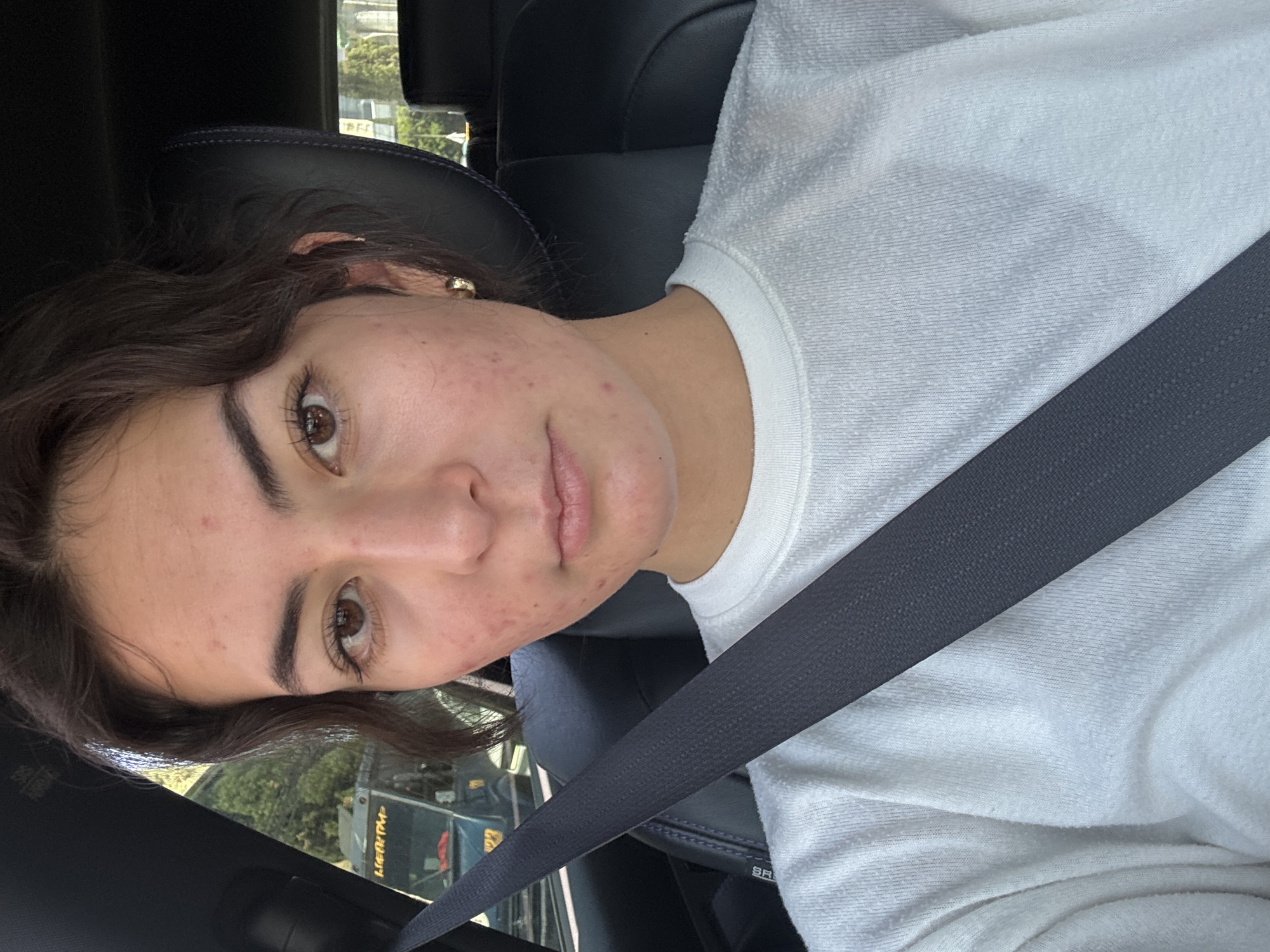 A young woman with dark hair and brown eyes is in a car, wearing a white sweatshirt and a gray seatbelt. Her face shows some acne. Outside the car window, a green van with yellow lettering is visible. Based on the writing on the van, the location is Puebla, Mexico.