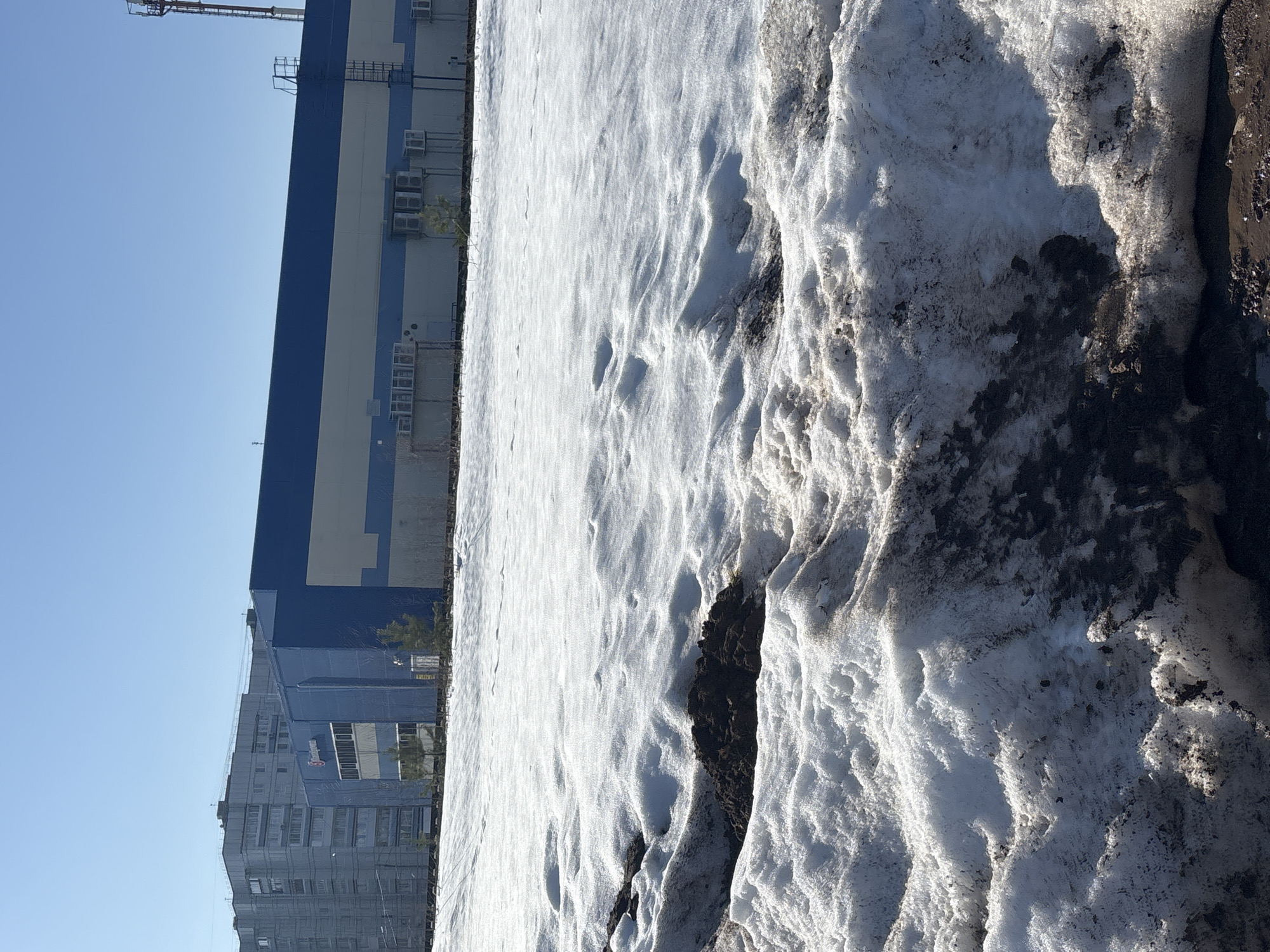 The image depicts a snow-covered area in Chaikovsky, Russia, with a distinct division between the snow and exposed dark earth. The snow is dirty and melting along the boundary with the bare ground. In the background, there are buildings, including a blue and white industrial structure and an apartment building. The sky is clear and blue. The scene suggests a transition period between winter and spring. No people are visible in the image.