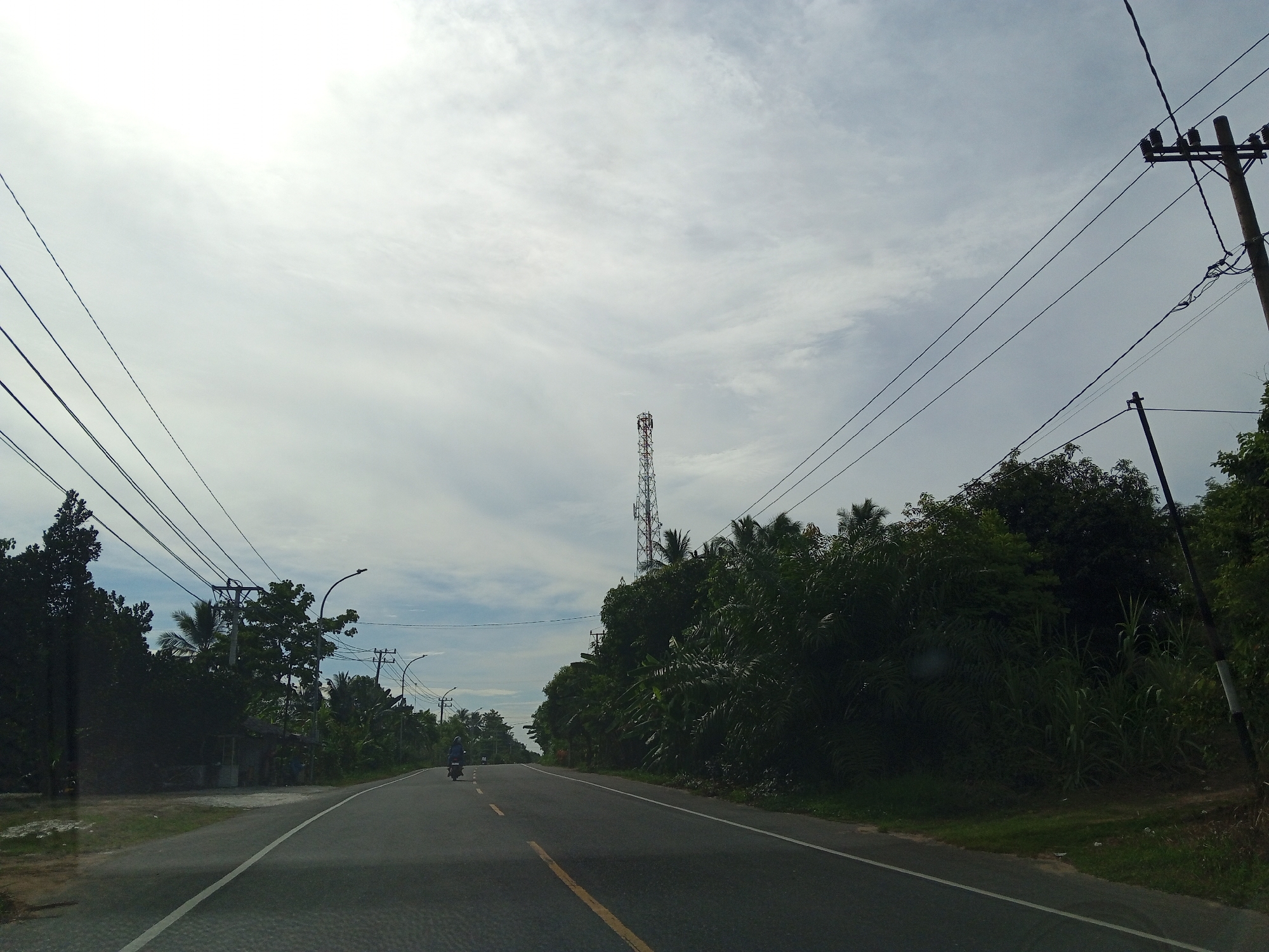 This image depicts a two-lane paved road in Blangkarieng, Indonesia, viewed from inside a vehicle on an overcast day. The sky is largely covered by light gray and white clouds. Overhead, multiple black power lines stretch across the frame, supported by utility poles visible on both sides of the road.
On the left side of the road, dense green tropical vegetation, including various trees and shrubs, lines the roadside. Partially obscured by trees are utility poles with streetlights and what appears to be a small, simple structure with a light-colored base. The road itself is dark gray asphalt, marked with a solid white line on the left edge and a broken yellow centerline. In the middle distance, a person on a motorcycle, wearing dark attire, travels away from the viewer on the right side of the road. Another faint vehicle is visible further down the road.
The right side of the road is bordered by extremely dense, dark green tropical foliage, including trees, shrubs, and tall grasses. A prominent utility pole stands on the far right. Behind the tree line, a tall, red and white lattice-structure telecommunications tower is visible, extending high into the sky. The overall scene suggests a rural or semi-rural environment with significant natural growth and basic infrastructure.