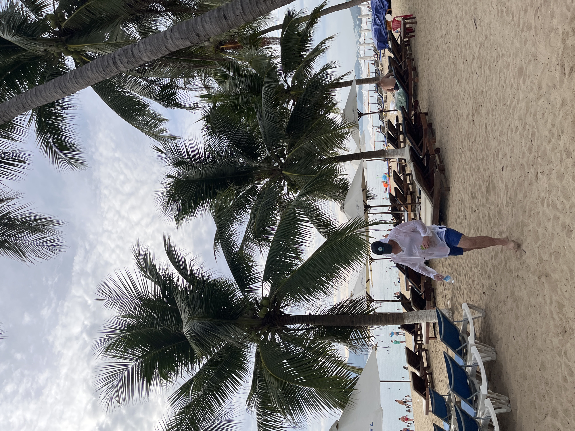 This is a photograph of a beach scene in Nha Trang, Vietnam, characterized by numerous palm trees and a cloudy sky. In the foreground, a man wearing a white hooded shirt and blue shorts walks across the sandy beach, holding a water bottle in his right hand. He is wearing a dark baseball cap. To his left, rows of empty lounge chairs are set up on the sand, some with blue cushions. Several white beach umbrellas are also visible. In the background, the ocean stretches out, with several people swimming and standing in the water. Further back, more lounge chairs and umbrellas are visible along the coastline, and a distant cityscape with buildings can be seen. The overall impression is a tropical beach resort environment.