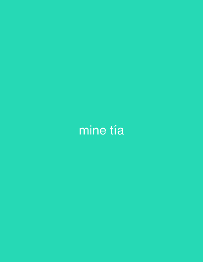 The image features the white text "mine tía" centrally placed against a solid, vibrant teal-green background. The text is in a sans-serif font, with all letters in lowercase, and the 'i' in "tía" includes an accent mark. There are no other subjects, objects, or scenes depicted; the background is a uniform color without textures or variations. No activity or event is taking place. The image does not provide any visual cues regarding time of day, weather, or specific location details. While the context given is Santa Ana, Venezuela, the image itself does not visually represent this location, being an abstract composition of text on a colored background. No specific emotions are discernible from the minimalist design.