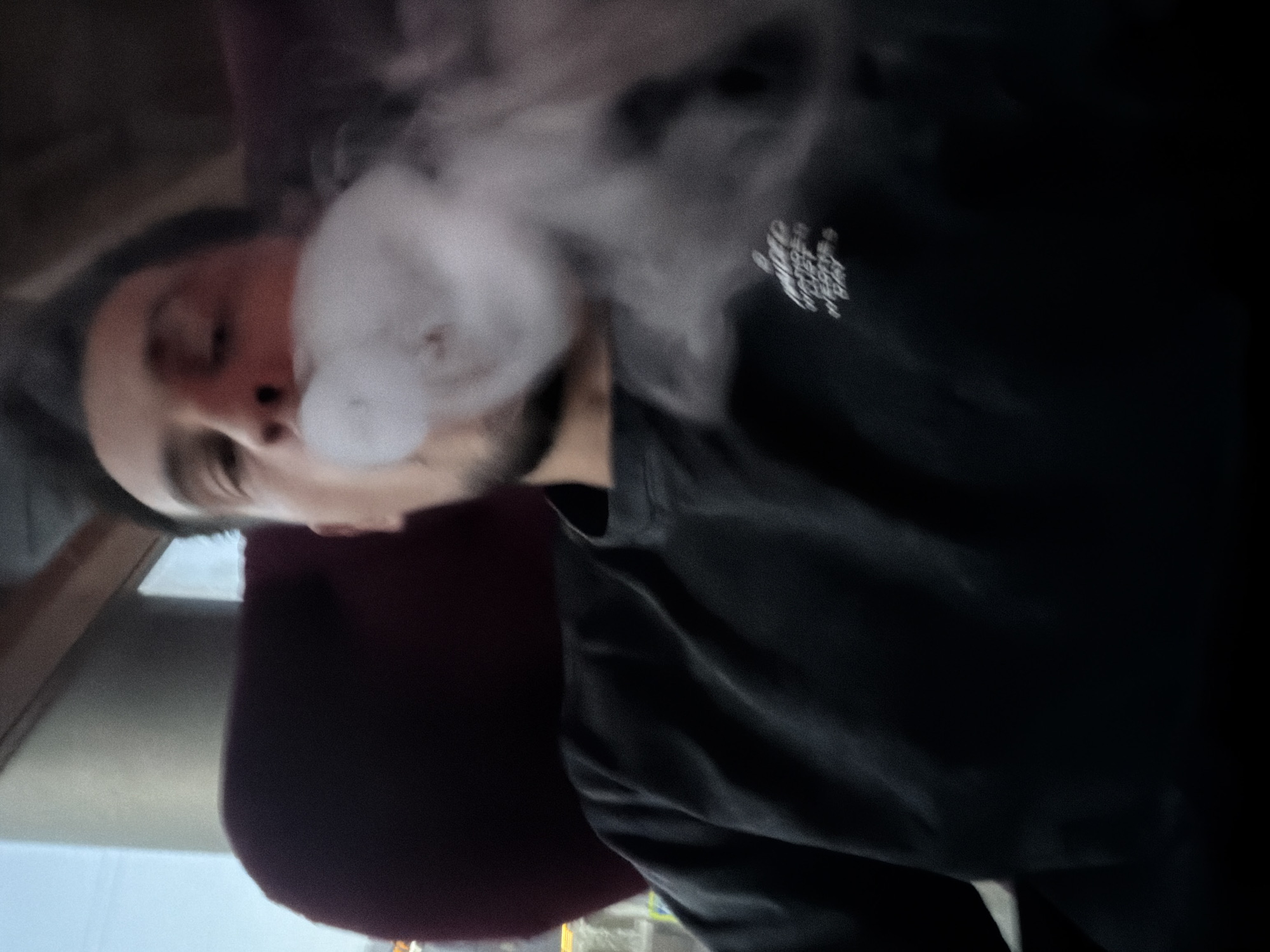 A man with dark hair and a beard exhales a cloud of vapor. He is wearing a dark-colored sweatshirt with white lettering on the upper left chest. The location is unclear.