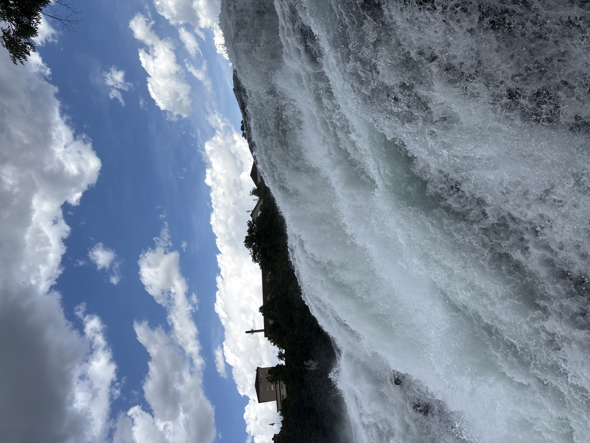 The image shows a powerful waterfall with white water cascading over rocks. In the background, there are buildings and lush green trees on a hill under a bright blue sky with scattered clouds. The scene appears to be the Rhine Falls, a natural attraction located near the municipality of Dachsen, Switzerland. There are no people visible in the image, and the focus is on the natural phenomenon of the waterfall and its surrounding environment.
