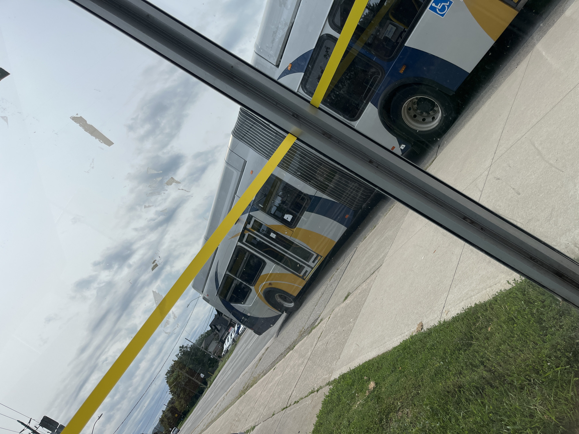 The image shows a white, blue, and yellow articulated bus driving past a sidewalk on a cloudy day. The bus has a blue disability symbol on its side. A yellow stripe runs diagonally across the image on the glass, and there are smudges and debris on the glass. The bus is on the right side of the street, with a sidewalk and a grassy area to the left of the street. In the background, there are trees and houses, suggesting a suburban or residential area. The image appears to have been taken from inside a building or vehicle, looking out through a window. The location is the city of Hamilton, Canada.