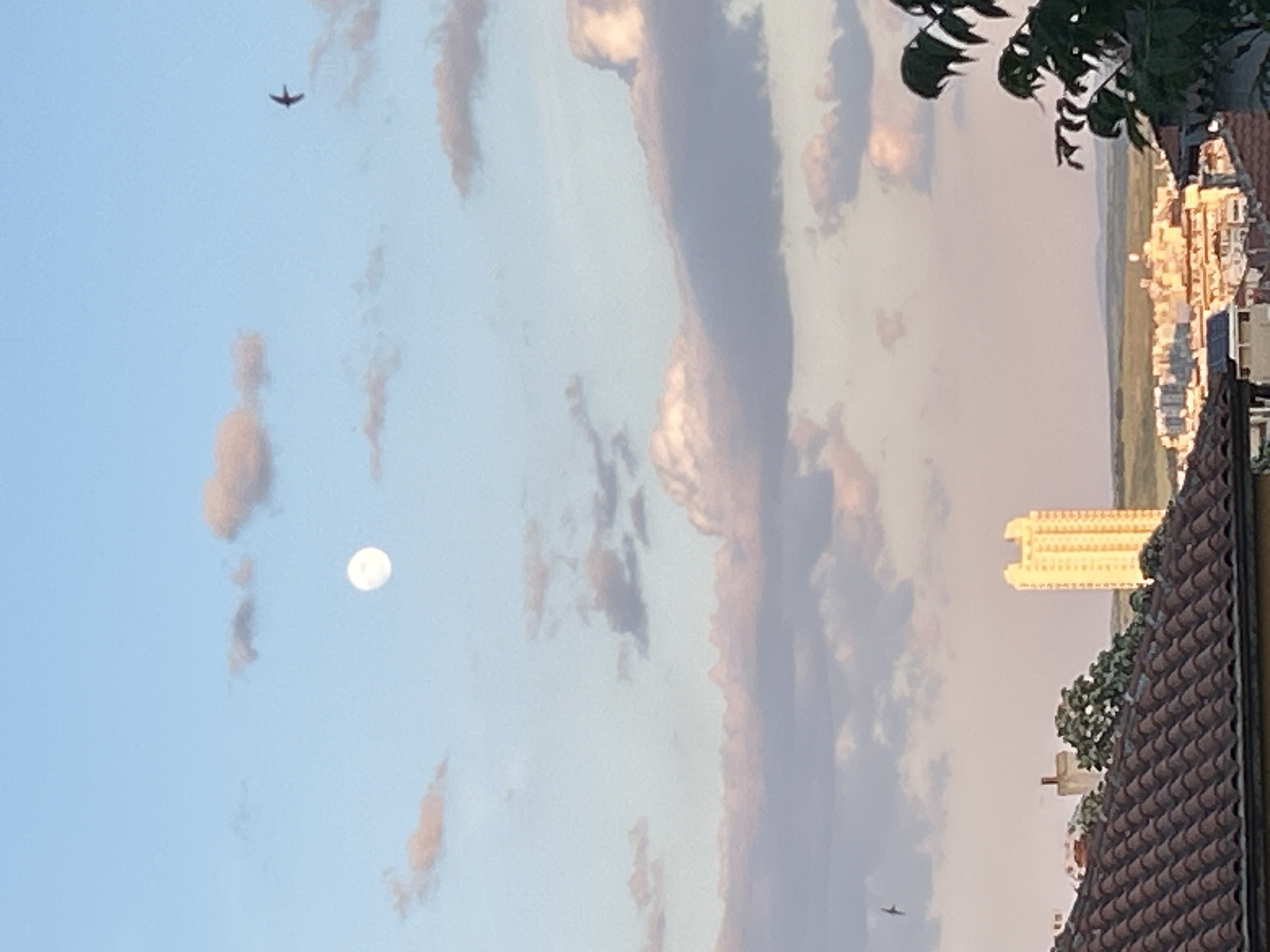 The image depicts a daytime scene in Burgas, Bulgaria. The sky is light blue with scattered, light-colored clouds. The full moon is visible in the sky. A bird is flying high in the sky and a second is flying low in the sky. In the distance, buildings reflect sunlight and a taller, multi-story building is also visible. The foreground includes portions of residential rooftops and vegetation.