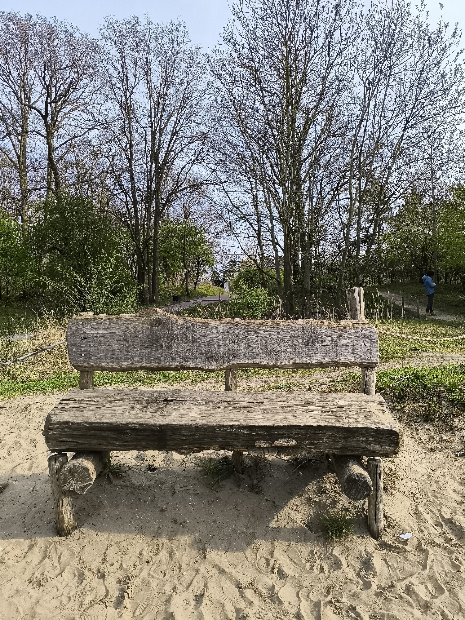 A wooden bench, constructed from roughly hewn logs, sits on a sandy surface in Overveen, Netherlands. The bench is composed of a seat, backrest, and supports. The seat is a substantial log, while the backrest is a similarly rustic piece of wood. The supports are logs as well. The sandy ground shows footprints. Behind the bench, trees with bare branches stand against a light sky. Vegetation is visible, suggesting a park or natural area. A person is walking on a path in the background, on an elevated part of the landscape behind the wooden bench. The time of year appears to be early spring, based on the bare trees and limited foliage.