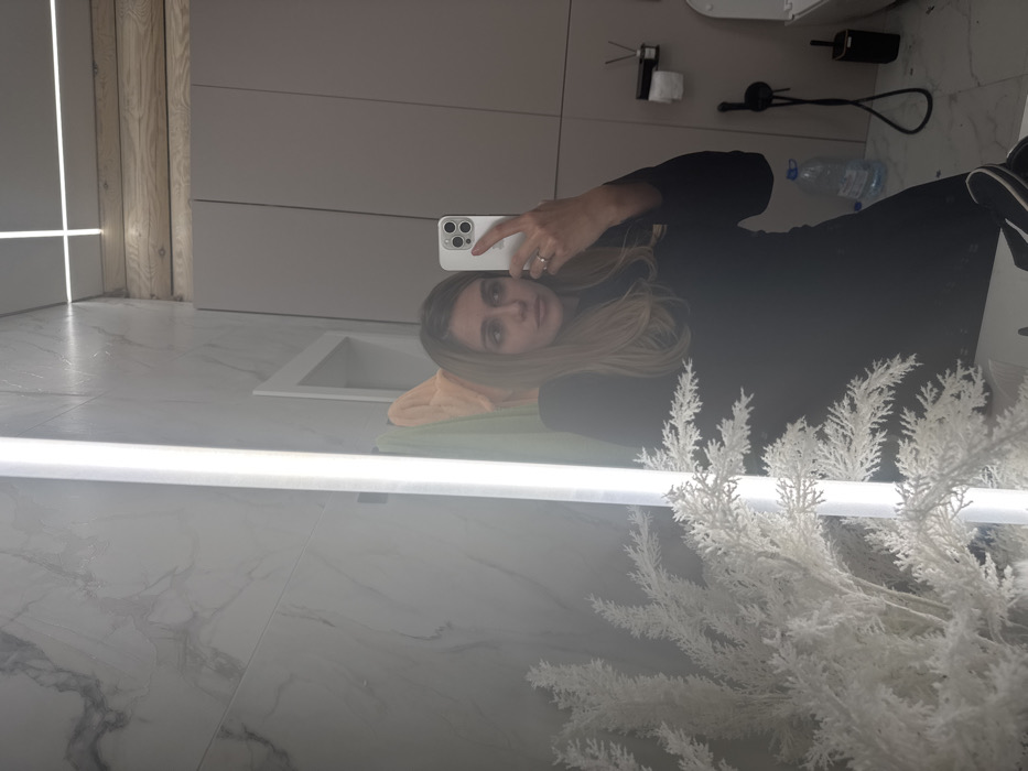 A mirror reflects a bathroom scene. A woman holds a phone, taking a picture of her reflection. She has blonde hair and wears a black top. The background features a toilet, paper towel dispenser, and water bottle. The bathroom has marble floors, gray cabinets, and a sink. White decorative foliage is partially visible in the lower right corner of the mirror. A light fixture is embedded in the mirror.