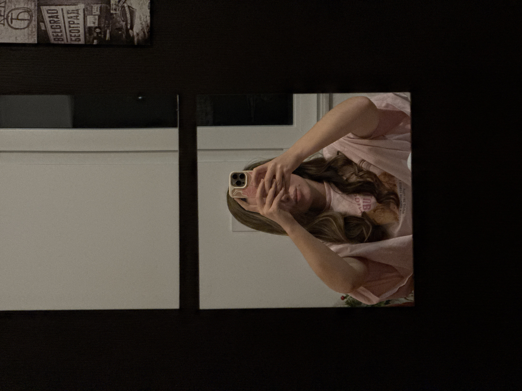 The image captures a mirror selfie taken by a person with long, wavy brown hair, wearing a light pink short-sleeved top. The individual is holding a light-colored smartphone with a patterned case, using it to take the picture while partially obscuring their face with the phone and their hand.
The setting appears to be indoors, likely a room with subdued lighting. The mirror reflecting the person is embedded within a dark, possibly wooden, surface which frames the reflection. Behind the reflected person, a light-colored wall or piece of furniture is visible.
To the upper left of the mirror, a framed picture or poster is discernible. On this item, the words "BELGRAD" and "БЕОГРАД" (Belgrade in Cyrillic) are clearly visible, consistent with the provided location context of Vozdovac, Serbia. The overall color palette is muted, featuring dark tones of the surrounding furniture, the light pink of the person's top, and the off-white background within the mirror's reflection. The lighting suggests an evening or indoor shot with artificial light.