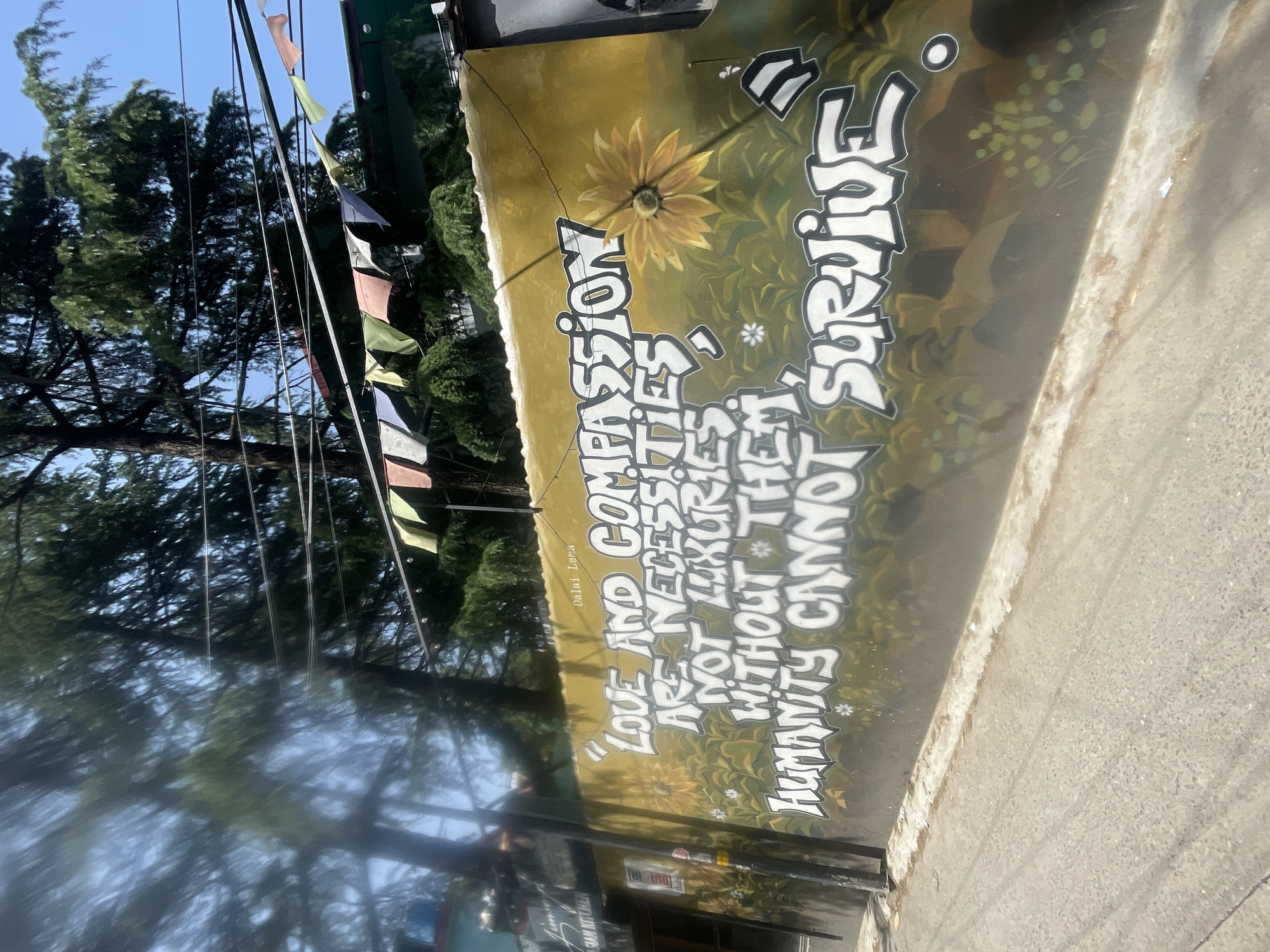 The image shows a mural in Dharamshala, India, that quotes the Dalai Lama. The mural is on a wall, likely part of a building. The quote reads, "Love and Compassion are necessities, not luxuries. Without them, humanity cannot survive." The background of the mural features a sunflower and other green foliage. In the background, there are prayer flags strung across the scene, along with trees and a building. The location is likely in a commercial or tourist area of Dharamshala. The light suggests it is daytime.