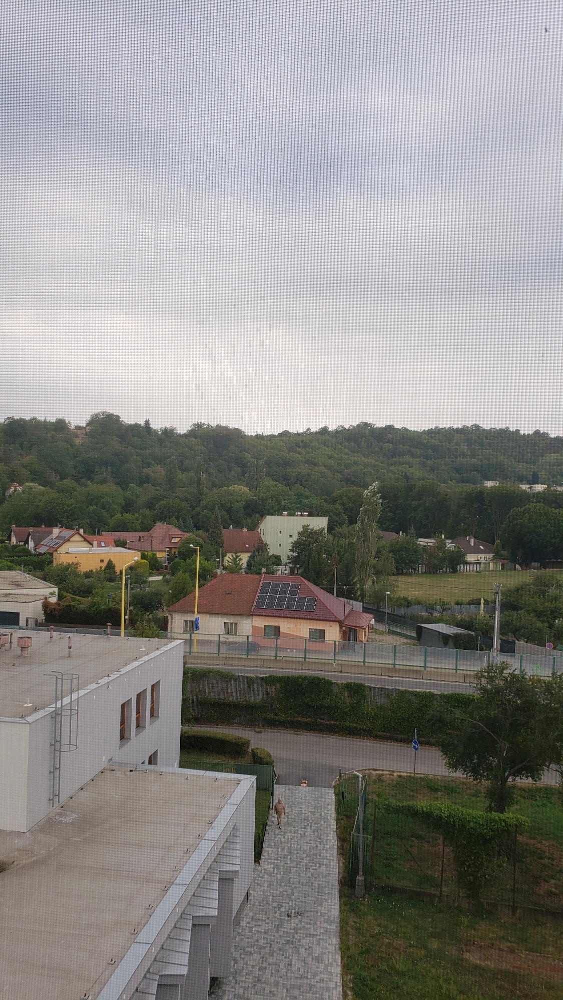 This is a vertically oriented, slightly elevated, medium-shot outdoor scene, likely captured from a window with a screen overlay, showing a suburban environment with lush green trees dominating the background. In the foreground, the corner of a modern, light-colored building is visible on the left, with a flat roof and architectural details like window frames and a ladder. A paved walkway, constructed from light grey rectangular stones, leads away from the building towards the right. A lone individual, wearing light-colored clothing, is walking on this path away from the camera, towards the right edge of the frame.
Further into the mid-ground, a collection of residential houses with red tile roofs are nestled amongst trees. Some of these houses have solar panels installed on their roofs. A street runs horizontally across the mid-ground, bordered by green fencing and mature trees. Beyond the houses, a densely wooded hillside forms the backdrop, with the sky above appearing overcast and grey. The environment suggests a temperate climate, possibly late spring or summer. The specific location of Prešov, Slovakia, is suggested by the overall architectural style and vegetation.