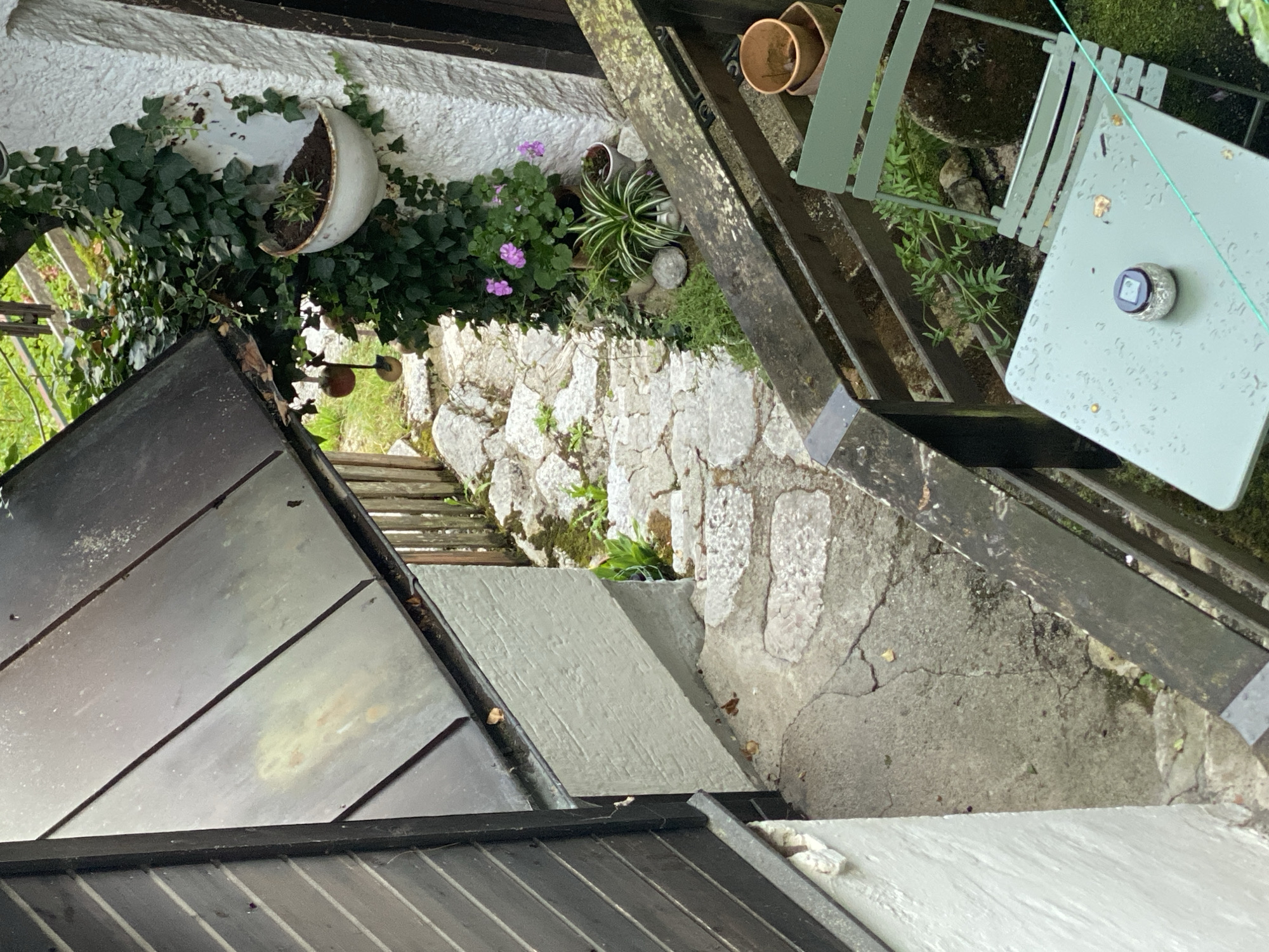 The image depicts a downward view of a narrow, stone-paved pathway in Hallstatt, Austria, flanked by a dark wooden fence on the left and a white-washed wall and railing on the right. A greenhouse-like structure with a dark, angled roof is visible to the left, partially obscuring the view of the pathway. The pathway itself is uneven, composed of irregularly shaped stones, with some moss and vegetation growing between them.
On the right side, the white wall is adorned with ivy and several potted plants, including a spider plant and a flowering plant with small purple blossoms. A white, half-bowl shaped planter is also mounted on the wall, containing a small green plant. Below this, a wooden railing runs along a small balcony or patio area, on which sits a green metal chair and a small green table. The table has water droplets on its surface, suggesting recent rain, and a small solar-powered garden light. A few terracotta pots are stacked near the railing. The overall environment appears to be an outdoor residential or garden area, with a sense of rustic charm.