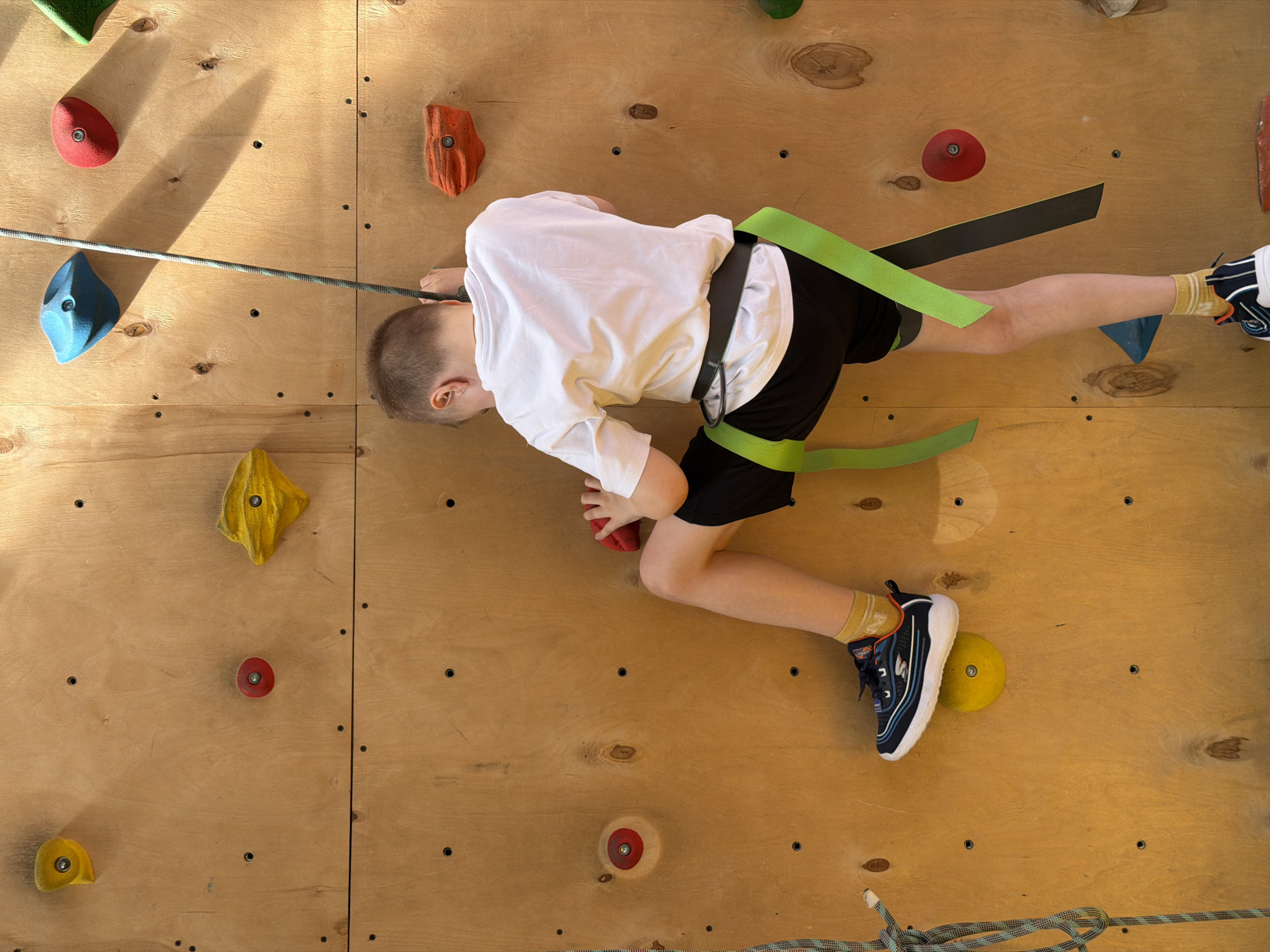 A child is rock climbing on a wooden climbing wall with colored holds. The child is wearing a climbing harness, a white shirt, and black shorts. The location is unknown and there is no information available to suggest that this photo was taken in Izhevsk, Russia.