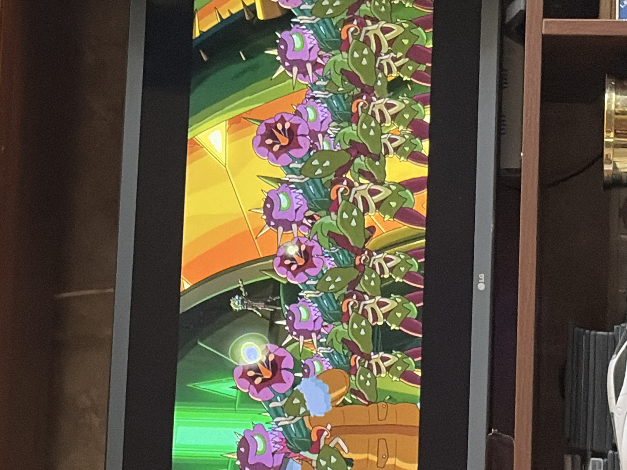 A group of alien beings are lined up in front of a bright, colorful background. The beings have purple, spiked heads with green eyes and jagged mouths. Their bodies are covered in green armor with red accents. In the background, a smaller, human-like figure can be seen standing in front of a large, glowing orb. The scene appears to be from an animated show or movie.