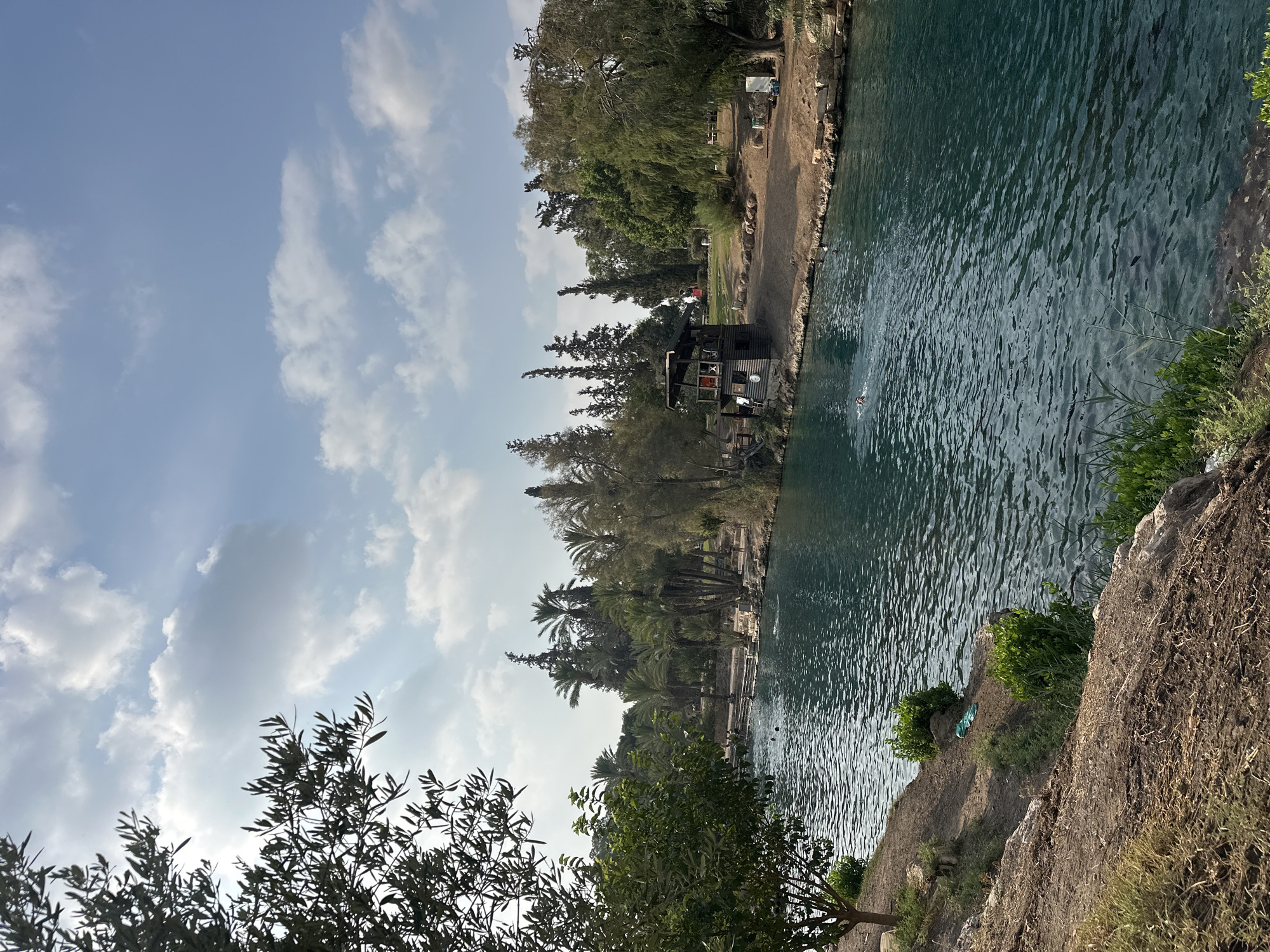 This image depicts a scenic view of the Sachne, a popular swimming location in the Emek HaMaayanot Regional Council, Israel. The water is a clear, vibrant turquoise, with gentle ripples indicating a calm atmosphere. On the left bank, a tree with dark green leaves partially obscures the view, while the foreground shows a sloping, dry embankment covered in soil and scattered vegetation.
The right bank is more developed, featuring a sandy area with scattered rocks and a distinctive wooden structure resembling a small observation tower or lifeguard station. Beyond this structure, a variety of trees, including tall palm trees and other lush green foliage, create a natural backdrop. In the distance, several people are visible enjoying the water, with at least two individuals swimming. The sky above is a bright blue, dotted with fluffy white clouds, suggesting pleasant weather conditions. The overall impression is one of a natural oasis, actively utilized for recreation.