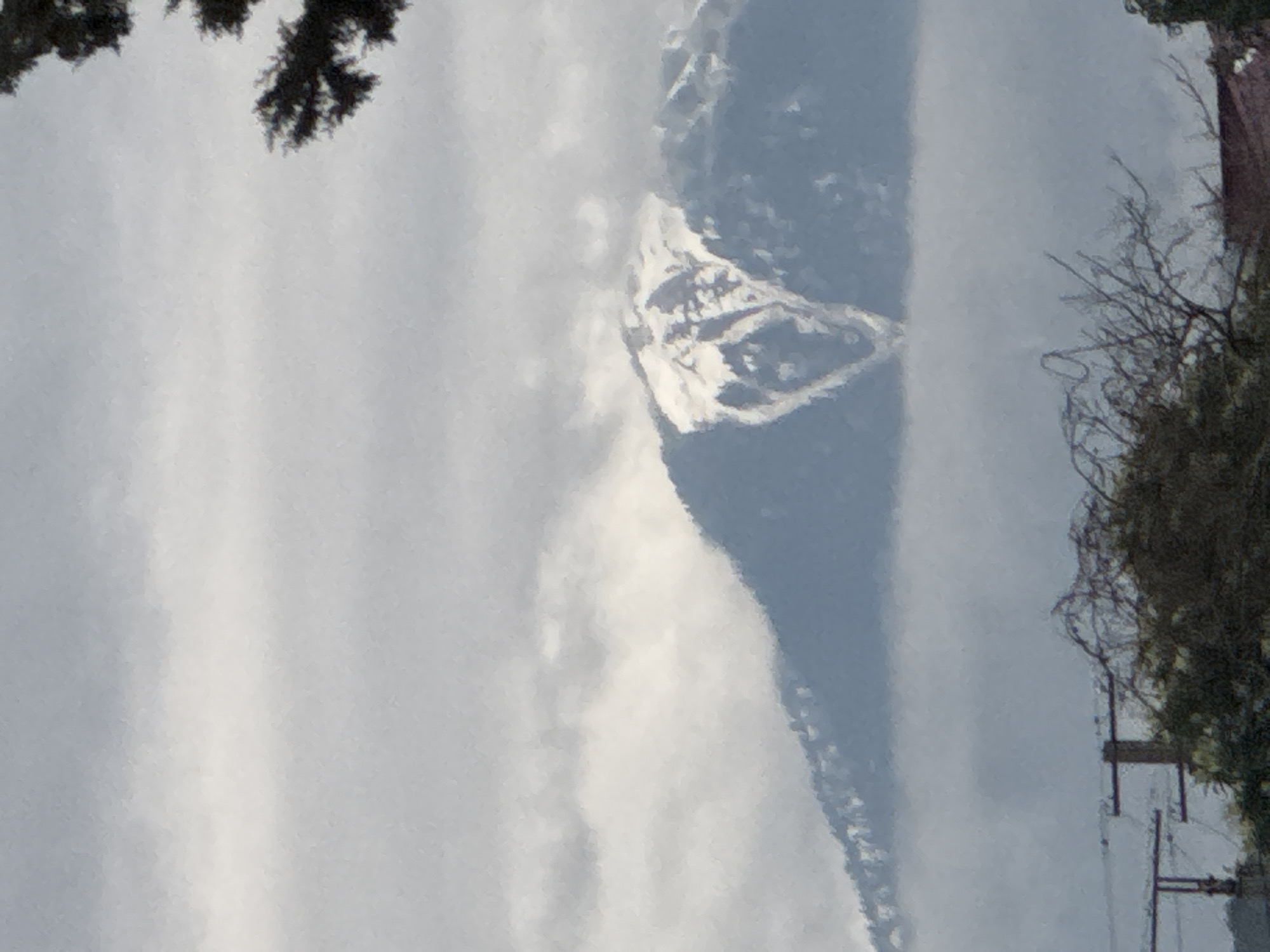 The image shows a view of a mountain peak covered in snow through a cloudy sky. There are branches of trees visible in the foreground. Utility poles and lines are seen on the right side of the frame. It is challenging to confirm the location as Sochi without additional information, but the presence of mountains and the type of vegetation suggest a mountainous region.