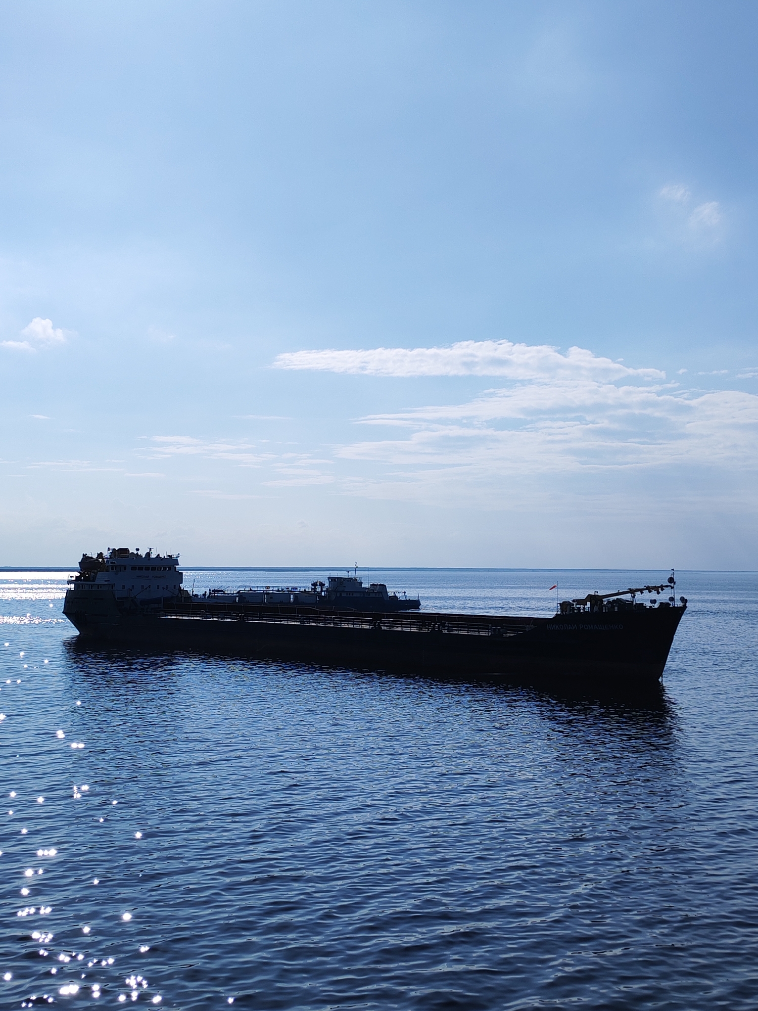 The image shows a barge named "НИКОЛАИ РОМАШЕНКО" on a body of water under a sky with light clouds. The water has a noticeable sparkle from the sunlight. The location is the city of Bol'shie Mkhi, Russia.