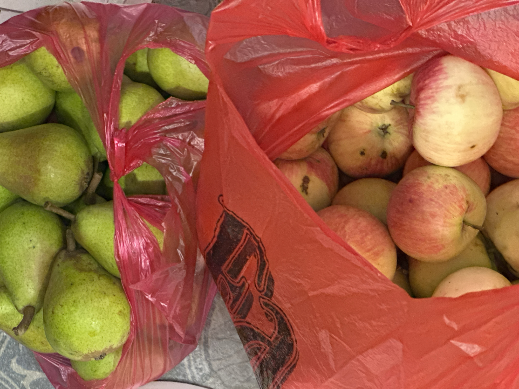 The image shows two red plastic bags filled with fruit, likely on a table or floor covered with a grey and white patterned cloth. The top bag contains green pears. The bottom bag contains red and yellow apples, and some of the apples are partially visible. A black logo is printed on the side of the bottom bag. There are no people or discernible actions taking place. The scene is a close-up shot of the fruit-filled bags. There is no information in the image that would suggest a location in Nevinnomyssk, Russia.