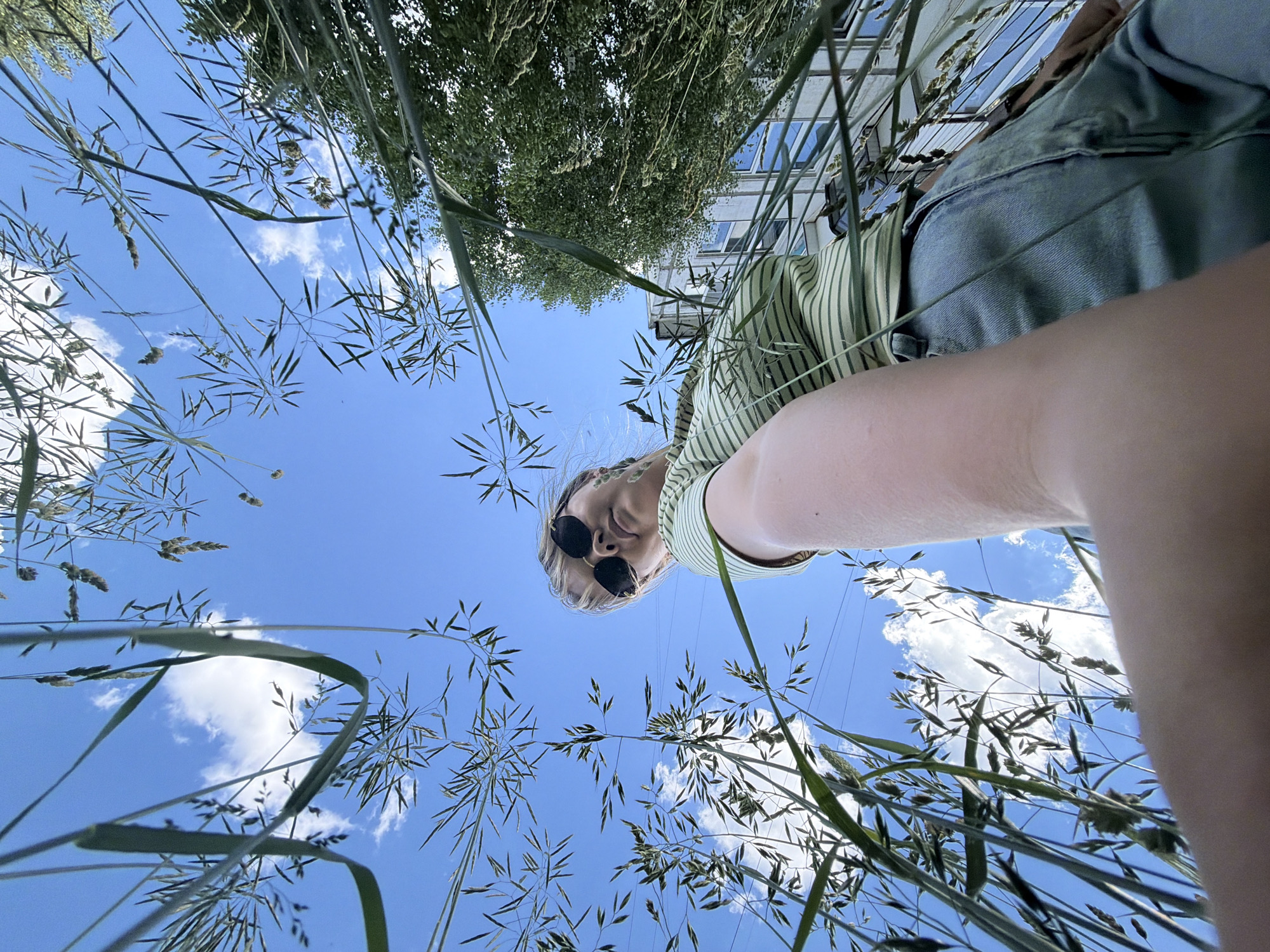 This media file is a low-angle, wide shot of a young woman looking upwards through tall grass and foliage. The sky is a clear blue with fluffy white clouds, suggesting a bright and sunny day. The woman is wearing sunglasses and a light green striped t-shirt, with denim overalls over it. Her arm is extended, indicating she is likely taking a selfie or capturing this perspective. In the background, there is a building with windows and some trees. The overall impression is one of a casual, outdoor setting, possibly a park or a field on a pleasant day. The close-up view of the grass in the foreground creates a sense of immersion and perspective, as if the viewer is lying down amongst the plants. The scene suggests a relaxed and carefree mood. No visible text is present. The location context is Chaikovsky, Russia.