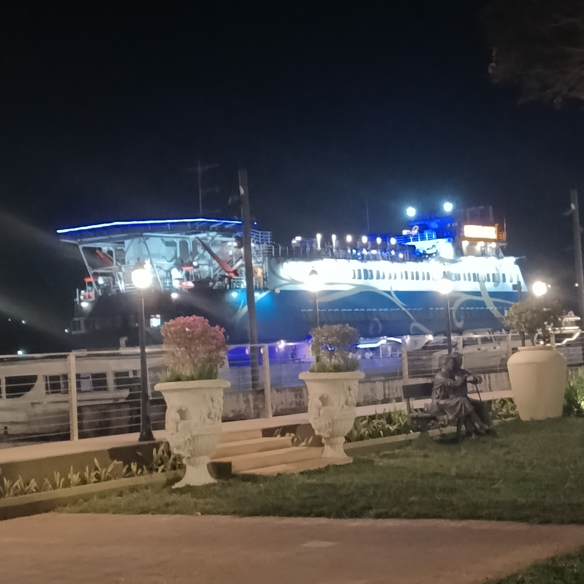 The image shows a nighttime scene in Panaji, India, featuring a large illuminated cruise ship docked behind a waterfront promenade. The promenade has decorative planters with pink and green foliage, a statue of a seated person, and a short set of stairs. The sky is dark, and the overall lighting is provided by the ship and nearby streetlights.