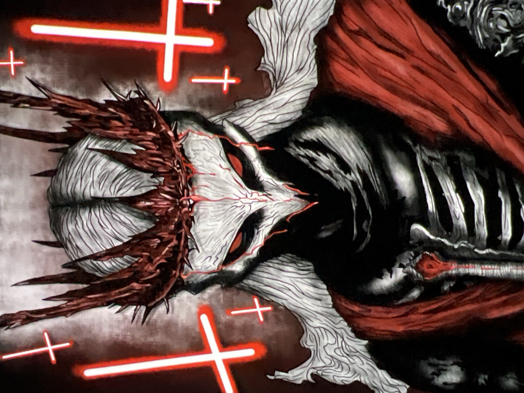 A darkly stylized, monstrous figure dominates the frame, depicted in a fantasy-horror art style. The central entity features a pale, skull-like or distorted head with glowing red eyes and intricate red vein-like patterns spreading across its surface. A formidable, dark reddish-brown, thorny, and spiky crown or headpiece surrounds its head.
The figure's body is a blend of skeletal and organic textures. Its right side displays dark, possibly decaying flesh with visible white or pale ribs, suggesting a gaunt or skeletal structure. A flowing, deep red cloak or fabric is draped over its right shoulder and back. On the left side, parts of the body are covered in a light-colored, heavily textured material, resembling gnarled tree bark or wood with pronounced vertical lines.
The scene is set against a dark, shadowy, and somewhat smoky or misty background. Scattered prominently throughout the image are several bright, neon-red glowing cross symbols (plus signs) of various sizes. These glowing crosses serve as primary light sources, casting a vivid red hue that highlights the central figure and contrasts sharply with the dark environment.
The image portrays an imposing and ominous presence, with the figure appearing static yet powerful, radiating a sense of menace and supernatural energy. The glowing red elements, from the entity's eyes to the crosses, contribute to a formidable and dark atmosphere. There are no specific visual cues within the image to indicate a real-world location like Plovdiv, Bulgaria, as the scene is purely fantastical. No visible text is present.