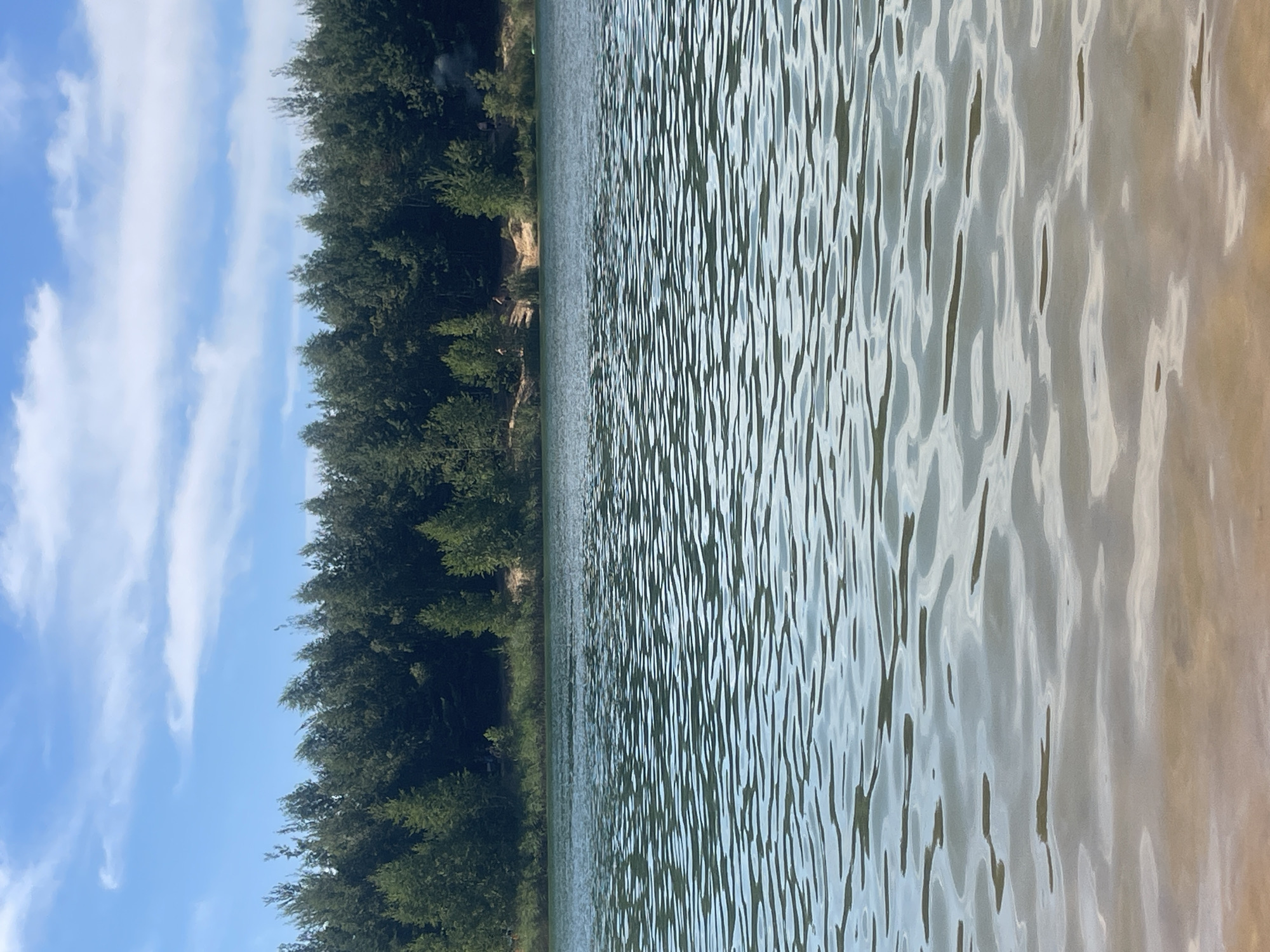 The image captures a serene natural landscape at Rybkhhoz, Russia, with a focus on a body of water and its surroundings. The sky above is a vibrant blue, dotted with fluffy white clouds. A dense line of evergreen trees forms a dark green backdrop along the distant shore, with some lighter green foliage interspersed. The water in the foreground exhibits a rippled surface, reflecting the sky and the trees in muted tones of blue, green, and gray. The sandy shore is visible at the bottom of the image, with subtle reflections from the water. In the middle ground, along the tree line, several individuals are present. Two people are standing on a sandy embankment, and another person appears to be in the water near the shore. A thin plume of smoke rises from behind the trees on the right side of the image, suggesting a distant campfire or activity. The overall impression is one of a tranquil summer day at a natural recreational area.