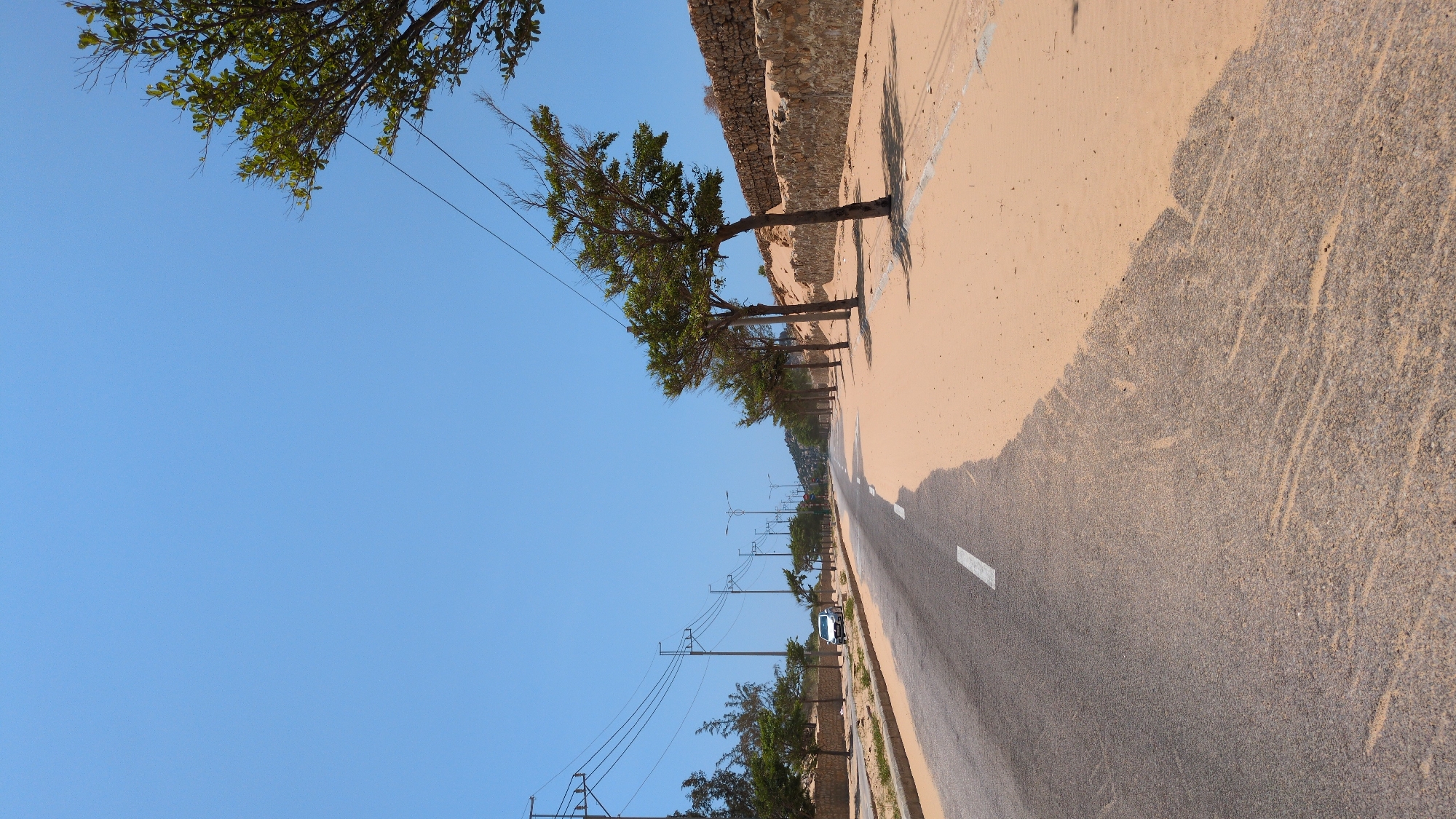 A slightly rotated, medium-shot image of a straight road in Phuoc Dinh, Vietnam, showing a single white car on the asphalt road. The road is lined with trees on the left, with telephone poles running parallel. On the right side of the road, there's a raised sand bank with a low stone wall. The sky is clear and blue.