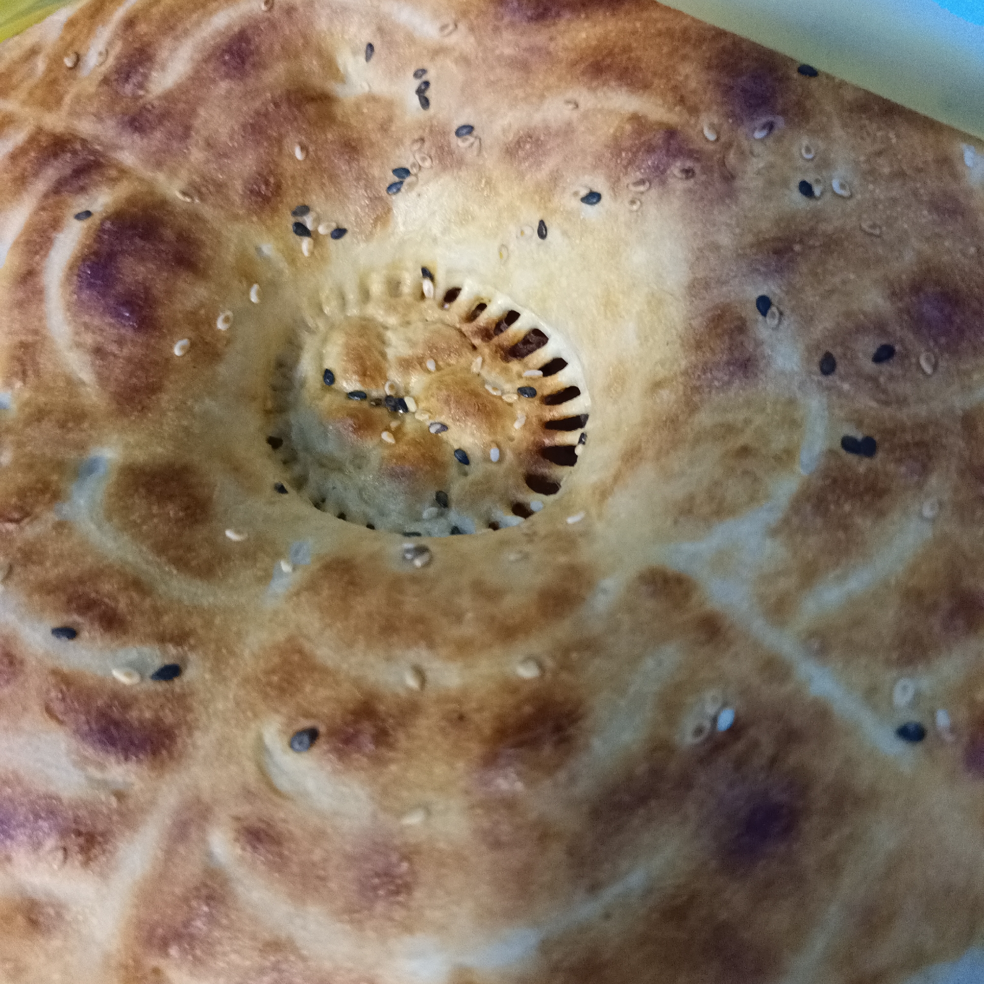 The image is a close-up, overhead shot of a baked flatbread, likely a type of naan or lavash, characterized by its golden-brown crust, irregular darker browning patterns, and scattered white and black sesame seeds. The bread has a distinct circular indentation in the center, with a decorative, perforated pattern around its edge, revealing a darker interior. The texture of the bread appears slightly puffed and soft. The background is out of focus and appears to be a light-colored surface. The image does not contain any discernible elements that could be used to identify its location in Vladivostok, Russia, or any specific context beyond the food item itself.