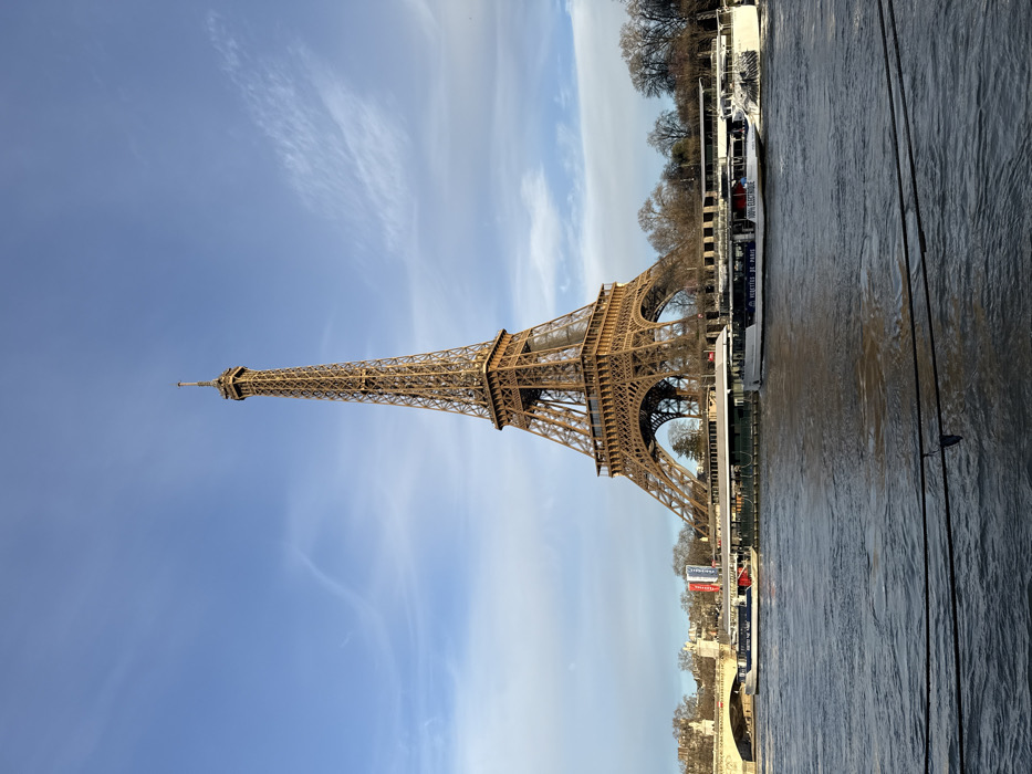 The image displays the Eiffel Tower, centrally positioned, rising above the Seine River in Paris, France. The tower exhibits its characteristic intricate iron lattice structure, illuminated by natural light against a clear blue sky with sparse, wispy clouds. In the mid-ground, the dark blue-gray water of the Seine River shows gentle surface ripples. Along the riverbank, near the base of the Eiffel Tower, multiple white passenger boats are visible, appearing stationary. One boat prominently features "VEDETTES DE PARIS" and "100% ELECTRIQUE" lettering on its hull. To the left of the tower, a light-colored stone arch bridge spans the river. The background beyond the riverbanks includes bare deciduous trees, suggesting a non-summer season. Two dark, blurred ropes or cables stretch horizontally across the immediate foreground, indicating the perspective is from the water or a nearby embankment. No distinct individuals or explicit actions are discernible.