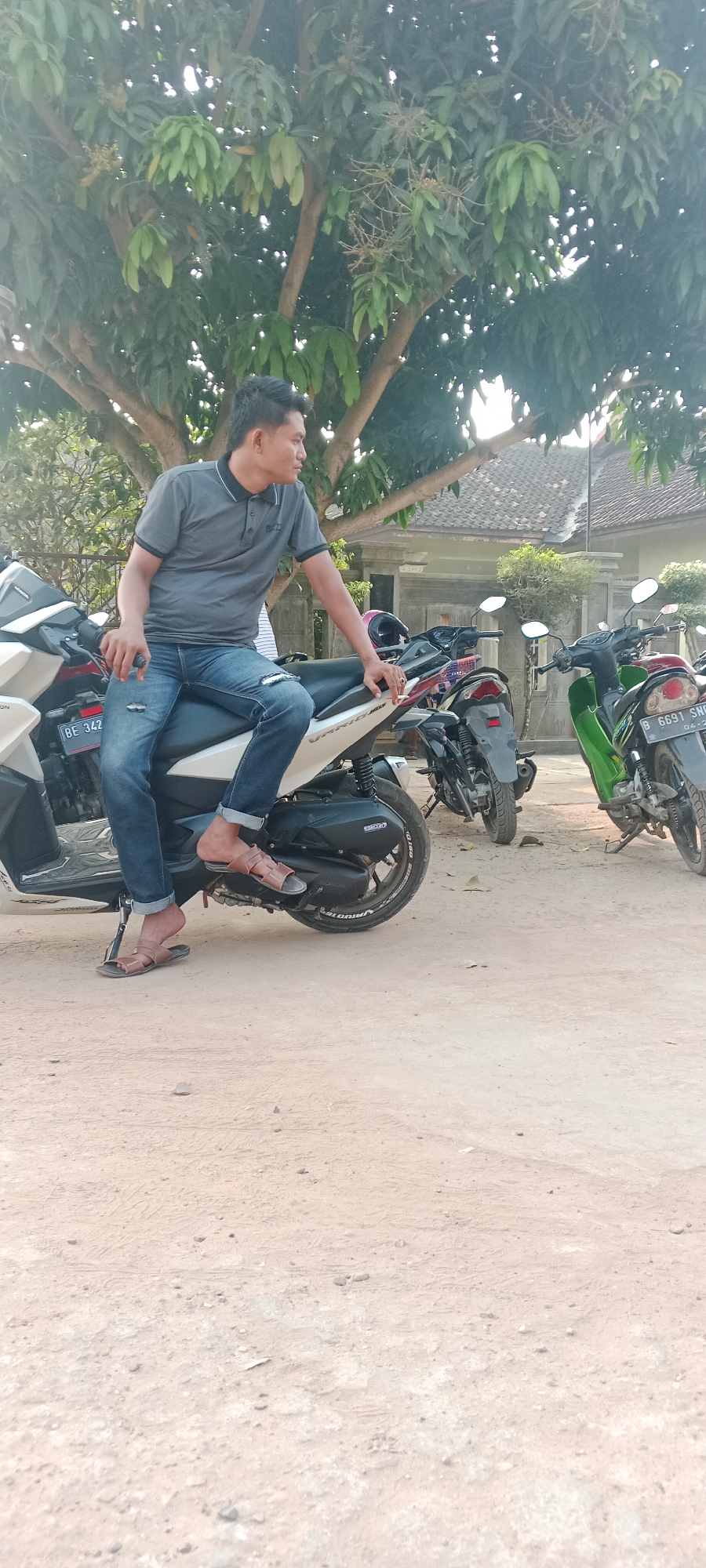 A medium shot shows a man in a gray polo shirt and ripped blue jeans sitting on a white scooter. He is facing to the right, with his left leg casually resting on the ground and his right leg bent. The scooter has a license plate that reads "BE 342". The man is outdoors, with a large tree providing shade from above. Behind him, several other motorbikes are parked. The ground is covered in light brown dirt. In the background, a house with a tiled roof is visible. The scene appears to be in the city of Gondang Rejo, Indonesia.