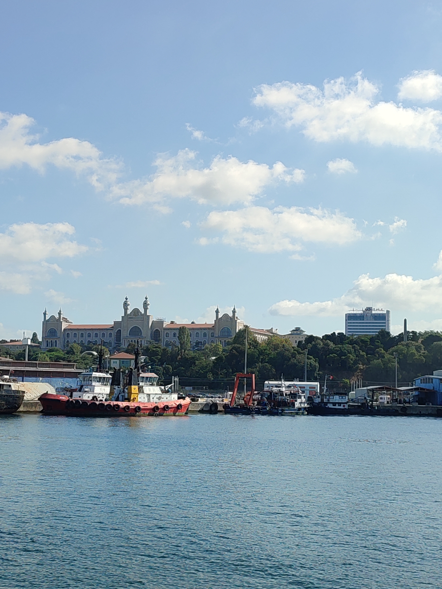 A wide-angle, eye-level outdoor shot captures a harbor scene under a bright, partly cloudy sky. In the foreground, the deep blue water of the harbor fills the lower half of the frame, rippling gently. Along the left side of the harbor, a row of various boats is docked. The most prominent are two red and white tugboats, one with a yellow cabin, positioned side-by-side. Other boats, including a partially visible older vessel to the far left, are also present.
Behind the boats, a tree-covered hillside rises, topped by several buildings. The most striking is a large, ornate building with a red roof, multiple domes, and clock towers, suggesting a historical or institutional structure. To its right, a modern, multi-story white building with dark windows stands out. Further to the right, more structures and a tall, slender monument are visible. The scene is bathed in natural sunlight, creating a clear, well-lit atmosphere. There are no people visible in the image.