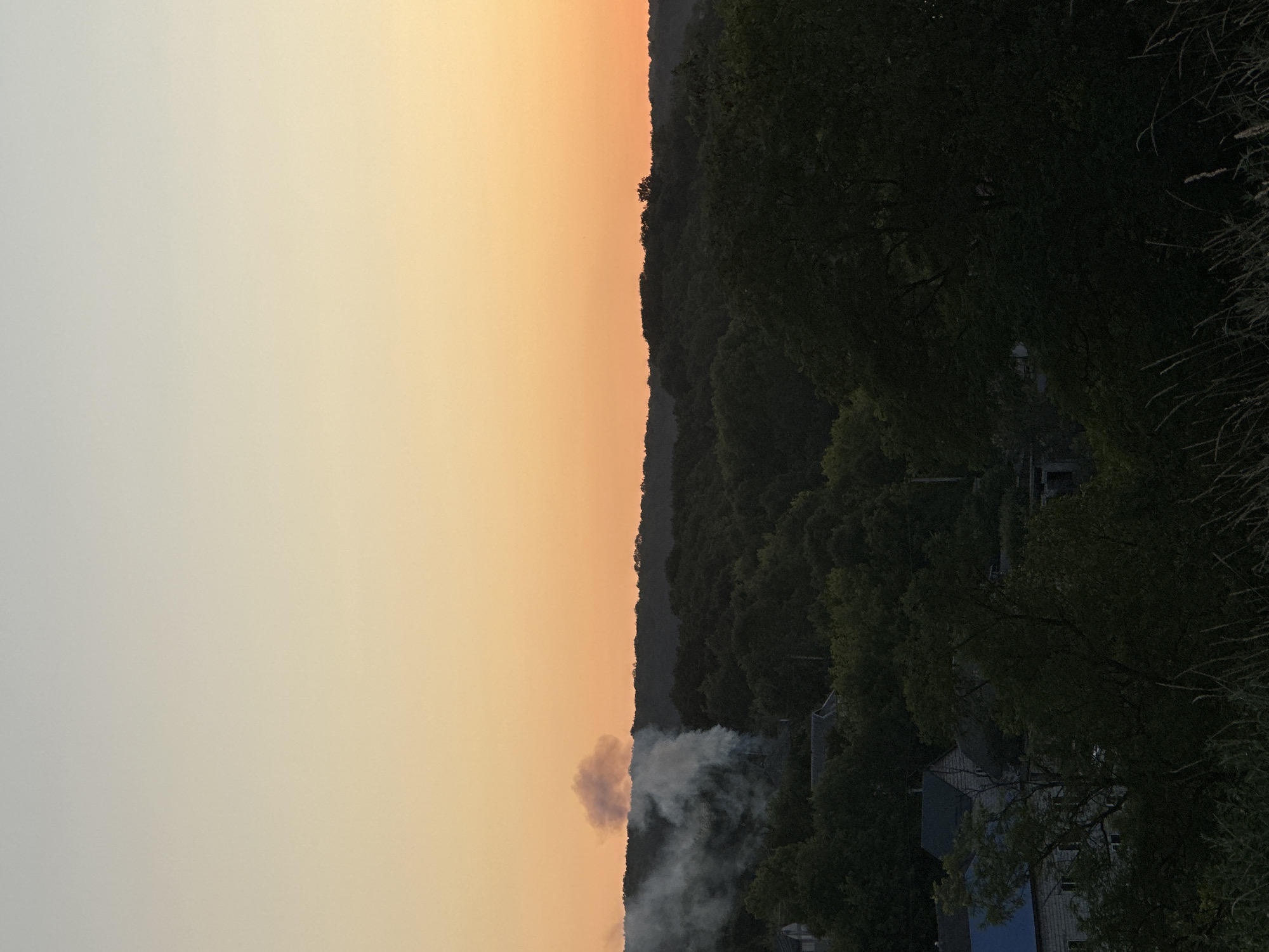 The image shows a rural landscape with a hazy sky at sunset. A plume of white smoke rises from a forested area to the left of center, obscuring a small section of the treeline. The smoke appears to originate from a low-lying source, possibly a fire or industrial activity. Below the smoke plume, several structures are partially visible, including houses with dark roofs and at least one with a blue roof. The foreground consists of tall grass and vegetation. The overall scene is tranquil despite the presence of the smoke, with the warm tones of the sunset casting a soft glow over the landscape. The location is identified as Makiv, Ukraine.