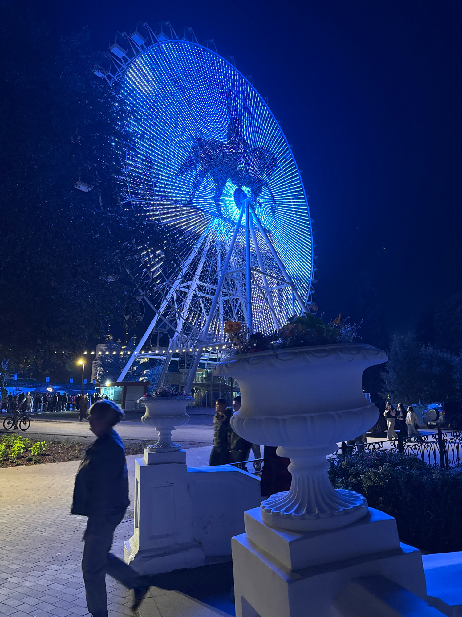 An amusement park is depicted at night with a brightly lit Ferris wheel dominating the scene with blue lights. In the foreground, a person walks away from the camera, and a large, white ornate planter with flowers is visible. In the background, there are queues of people, a food stall, and trees. The location is specified as the city of Tver, Russia.