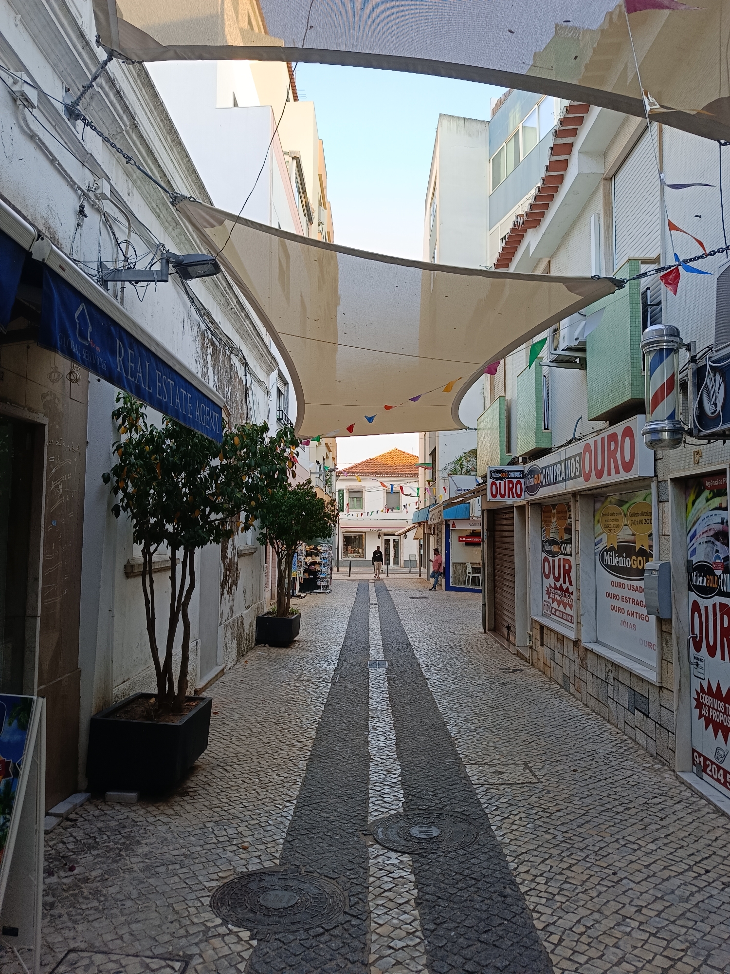 A narrow cobblestone street is covered by a light-colored fabric awning that casts shadows on the ground. Small, colorful flags are strung across the awning. On the left side of the street, a building with a white facade has a blue awning that reads "GLOBAL SERVICES REAL ESTATE AGENT" in white lettering. Two potted trees with fruit are positioned in front of the building. On the right side of the street, there are several storefronts. One storefront has a barber pole and signs that advertise gold buying and selling, including "MILÊNIO GOLD" and "COMPRAMOS OURO". Two people are walking in the distance down the street. The sky is clear and bright.