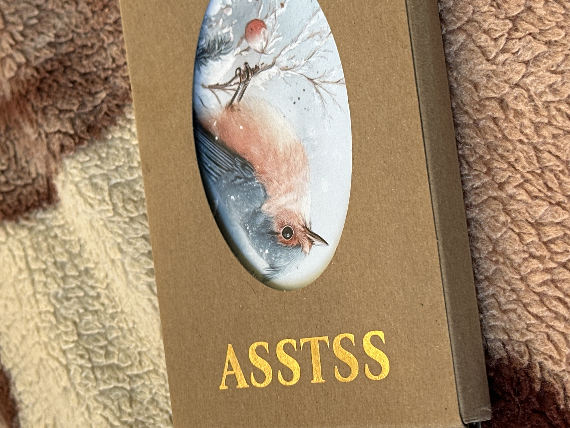 The image shows a brown cardboard box with a die-cut oval opening revealing a painting of a bird on a branch in a snowy scene. Below the opening, the word "ASSTSS" is printed in gold foil lettering. The box sits on a textured surface, possibly a blanket or rug, with a mix of light and dark brown tones. The scene is well-lit, and the focus is on the box and its contents. There's no information to conclude this image was taken in Slavyani, Bulgaria.