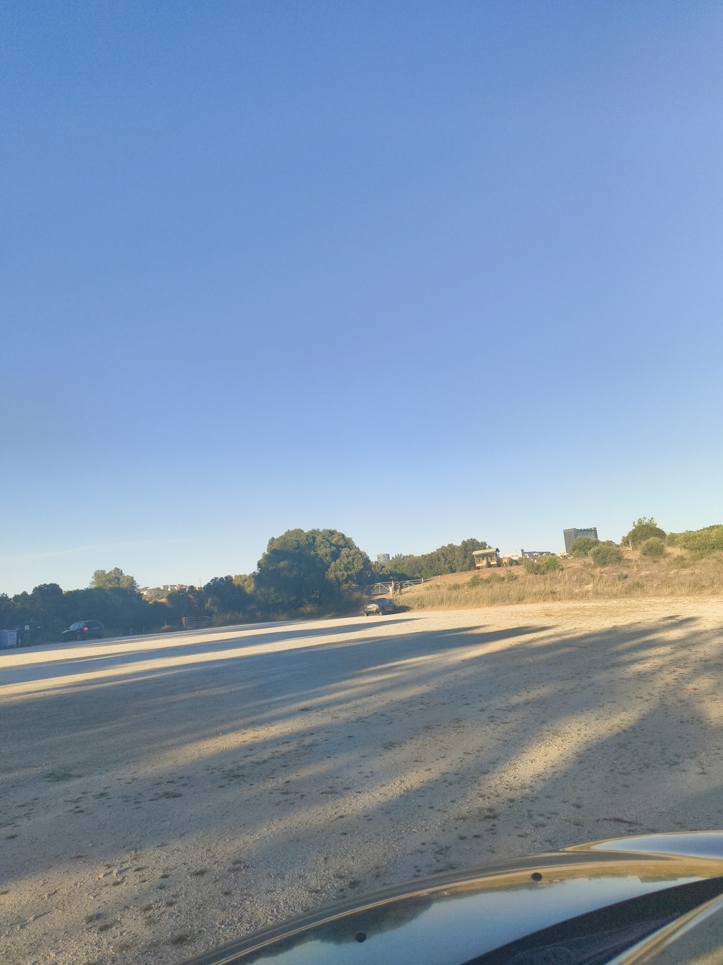 The image depicts an outdoor scene under a clear, bright blue sky. The foreground shows the hood and windshield of a vehicle, suggesting the photo is taken from inside a car. The ground is a sandy, uneven surface with scattered small stones and patches of sparse vegetation. Long, distinct shadows stretch across the ground, cast by unseen objects, likely trees or structures.
In the mid-ground, a dirt or gravel parking area is visible. Several cars are parked in the distance on the left side of the image. Beyond the parking area, there is a line of trees, some dense and green, others appearing more sparse and dry. A few low buildings and structures are scattered amongst the trees, including what appears to be a small wooden shelter or shack. Further in the background, rolling hills covered in vegetation are visible, with some buildings, including a larger, modern-looking dark building on the right.
The overall environment suggests a semi-rural or undeveloped area, possibly on the outskirts of a town or city. Given the context of Oeiras, Portugal, this could be a park, a recreational area, or a less developed part of the municipality. The clear sky and the angle of the shadows indicate it is daytime, likely late afternoon due to the length of the shadows. There are no visible people in the frame, and the scene is tranquil.