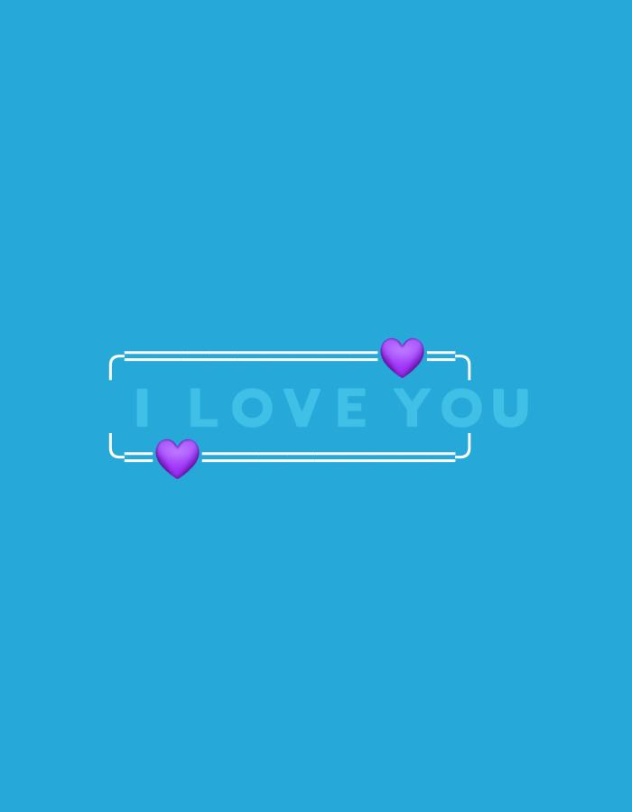 The media file is a digital graphic on a solid blue background. The graphic features the text "I LOVE YOU" in a light blue, sans-serif font. The text is horizontally centered and positioned slightly above the vertical middle of the image. Flanking the text are two white rectangular shapes, each with rounded corners, that appear to be stylistic quotation marks. Inside each quotation mark shape, there is a purple heart emoji. The left quotation mark has a purple heart to its right, and the right quotation mark has a purple heart to its left, with both hearts positioned at the same vertical level as the text. The overall mood is simple, clean, and romantic. There are no discernible elements of Shymkent, Kazakhstan, in the graphic.