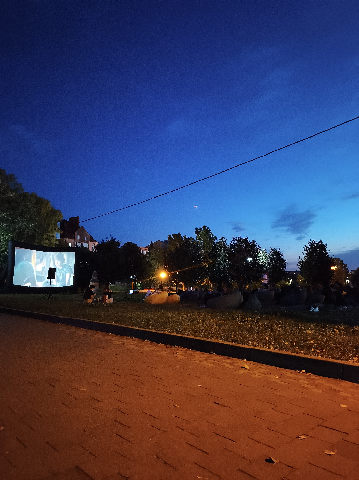 An outdoor movie screening is underway in Ternopil, Ukraine, at dusk. A large inflatable movie screen is set up on the left side of the frame, displaying a scene from a film. In front of the screen, there's a speaker on a stand. Several people are seated on the grass, facing the screen, with some individuals in beanbag chairs scattered throughout the grassy area. Trees and buildings are visible in the background, with streetlights illuminating parts of the park. A paved walkway runs along the bottom of the image.