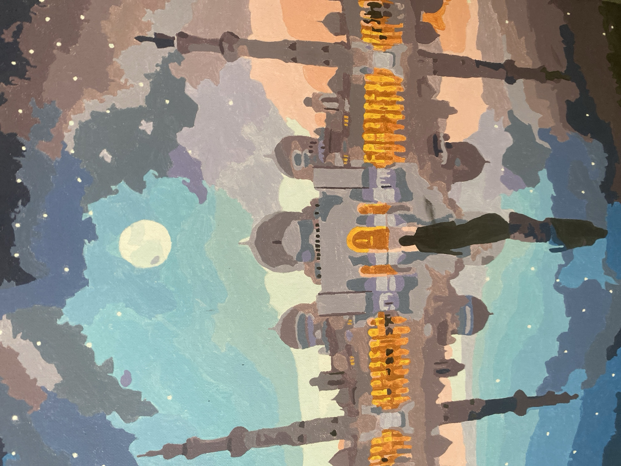This is a stylized, abstract painting of a mosque at night with a full moon in the sky. The mosque has several domes and tall minarets. The building is illuminated with warm, yellow lights along its base. The scene is reflected in a body of water below, creating a mirror image of the mosque and the night sky. A lone figure, depicted as a silhouette, stands in the foreground, facing the mosque. The sky is filled with abstract shapes representing clouds in shades of blue, purple, and brown, with small white dots representing stars. The reflection in the water mimics the colors and shapes of the sky and the mosque. The overall impression is one of tranquility and grandeur. The painting does not depict any specific location in the city of Байқоныс ауылдық округі, Kazakhstan.