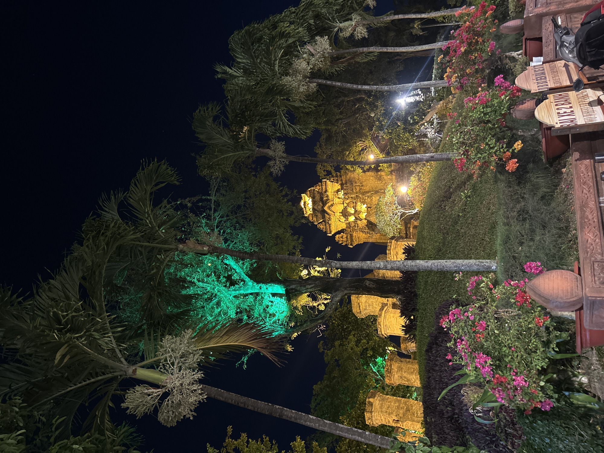 The image shows the Po Nagar Cham Towers, a temple complex in Bắc Nha Trang, Vietnam, at night. Palm trees are illuminated with green and yellow lighting. The towers are lit with a warm yellow glow. There are colorful flowering plants and foliage. A sign written in Vietnamese is partially visible. A scooter is parked nearby. The sky is dark.
