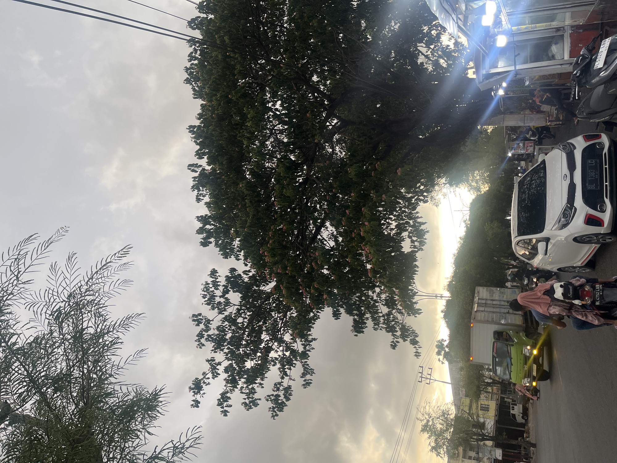 In Banda Aceh, Indonesia, a street scene unfolds under a cloudy sky, with sunlight casting a golden hue through the clouds and trees. A large tree with dark green foliage and scattered pink blossoms dominates the right side of the frame, its branches stretching towards the sky. Below the tree, a street bustles with activity. A white Kia car is parked on the right, its headlights illuminated. In the center of the road, a green truck with a white cargo container is moving forward, its headlights on. A motorcycle carrying two passengers, a male driver and a female passenger in a pink hijab, is traveling behind the truck. Further back, a white motorcycle is also visible. To the right of the street, makeshift food stalls with bright lights are set up. People are seated at the stalls, some appearing to be vendors and others customers. Power lines stretch across the upper right portion of the image. The background shows buildings and more trees, indicating an urban environment.