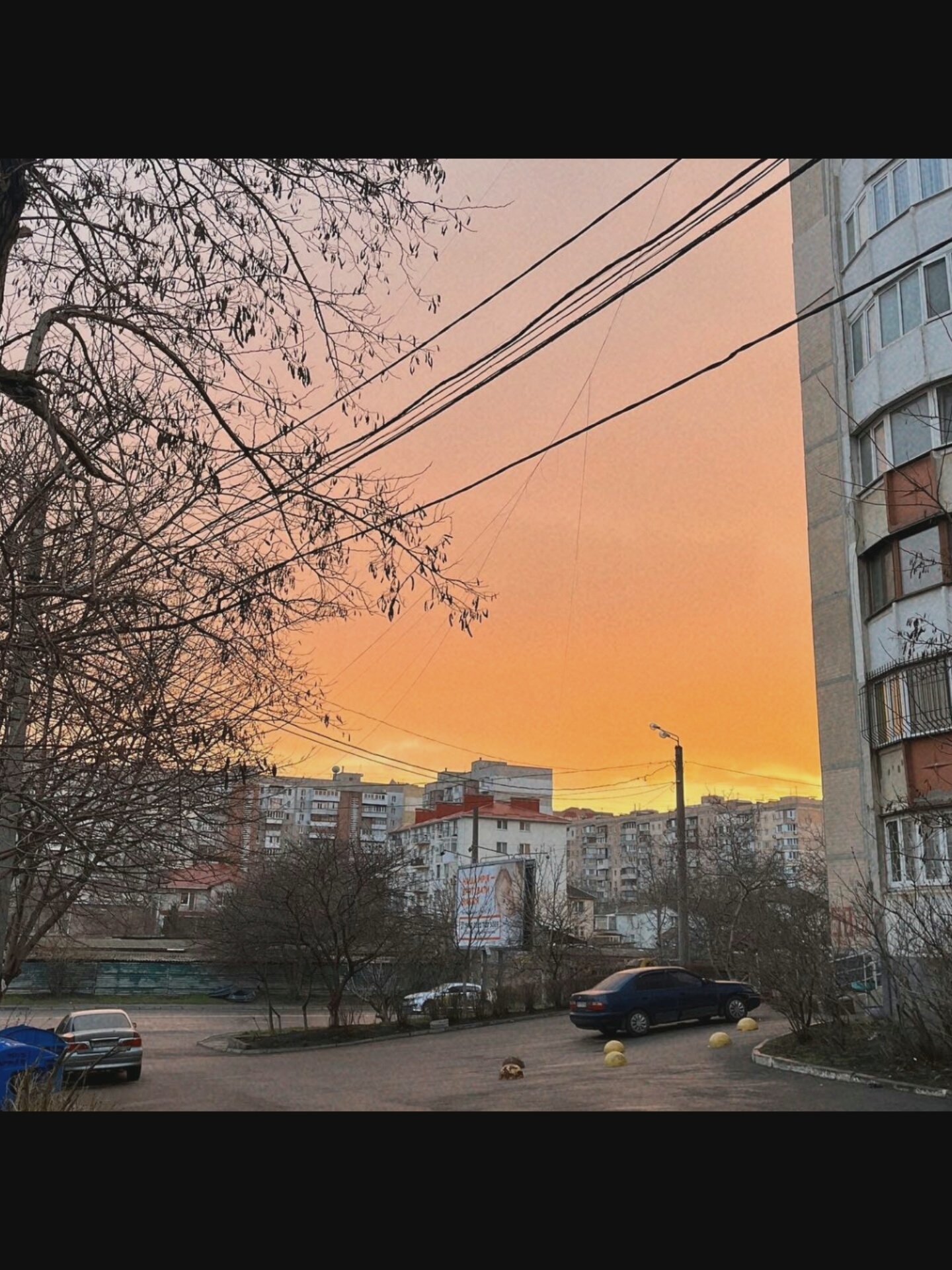 The image depicts an urban landscape with a dramatic orange sky. In the foreground, a bare-branched tree is on the left, and a multi-story building with balconies is on the right. Power lines crisscross the sky. Several apartment buildings are visible in the middle ground, with some trees interspersed. Cars are parked on the asphalt pavement in front of the buildings. There are no identifiable people in the image. The scene appears to be an exterior view, possibly a residential area, with the setting sun casting a warm glow. The location is not Saint-Août, France.