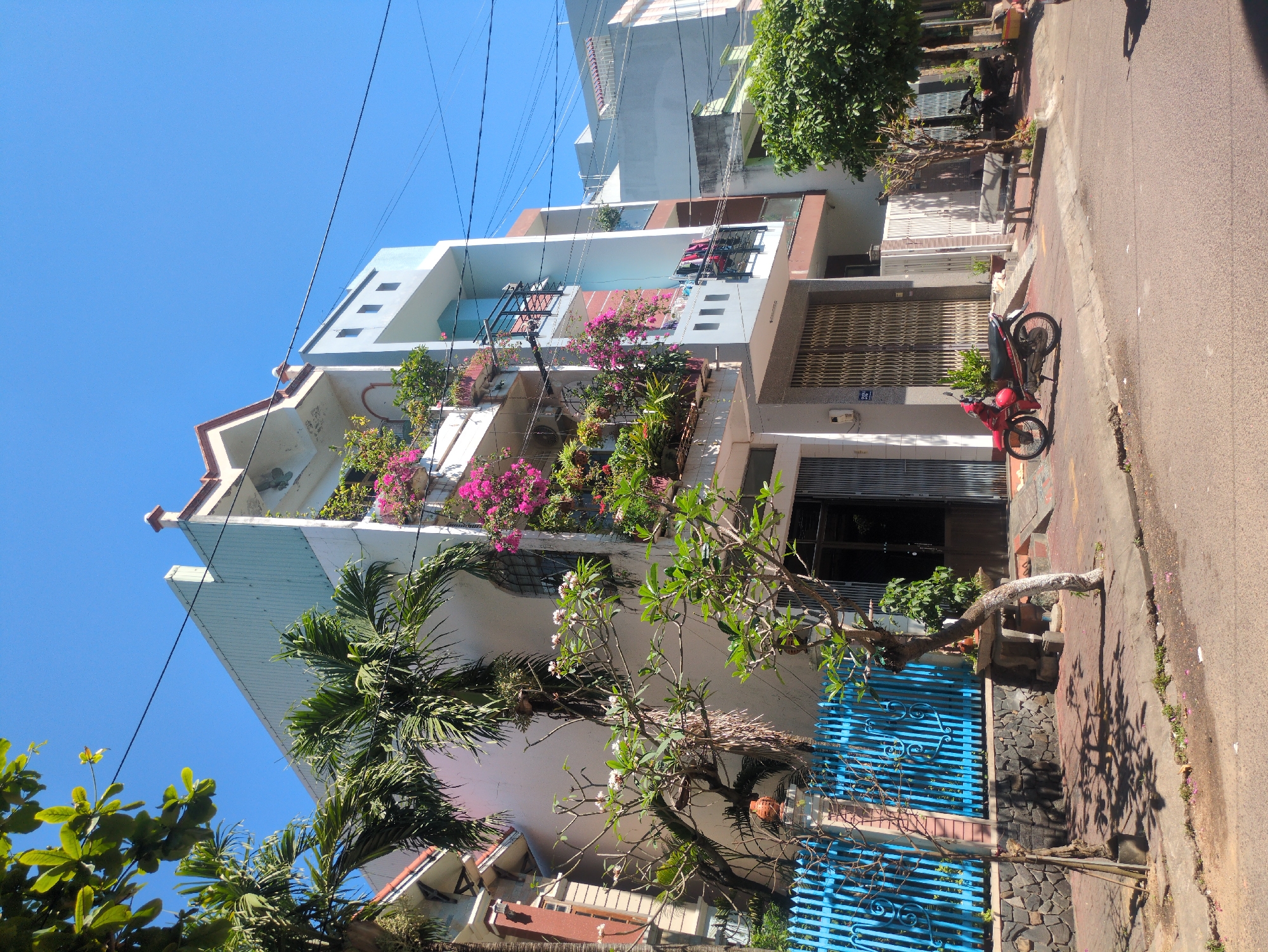 This image depicts a sunlit urban street scene in South Quy Nhon Ward, Vietnam, characterized by multi-story residential buildings and tropical foliage under a clear blue sky.
The central subject is a four-story building with a light-colored, possibly white or pale blue, facade. Multiple balconies on the upper floors are extensively adorned with potted plants, predominantly vibrant pink bougainvillea, and green leafy vegetation. Black metal railings are visible on the balconies. The ground floor features a closed brown accordion-style security gate and a dark glass entrance door to its left. A white sign with the number "212A" is affixed near the ground floor entrance. In front of this building, a bright blue metal fence with decorative elements rests on a low stone wall. Two small trees with white blossoms and green leaves stand on the brick-paved sidewalk, casting shadows. A larger palm tree is visible behind the blue fence.
To the immediate left, a portion of an adjacent building with a reddish-brown tiled roof edge and a palm tree is visible. To the right, other multi-story buildings of varying light colors (grey, pale green) extend down the street. One of these buildings has dark clothing items, possibly red and blue, hanging on a balcony railing. A red and black motorbike is parked on the brick-paved sidewalk directly in front of the central building, facing left. Further down the sidewalk to the right, a concrete bench with a wooden backrest is present, along with parts of other parked motorbikes partially obscured by green trees. Overhead utility wires traverse the sky. The street is asphalt, and the sidewalk shows some wear and cracks. No individuals are visible in the scene.