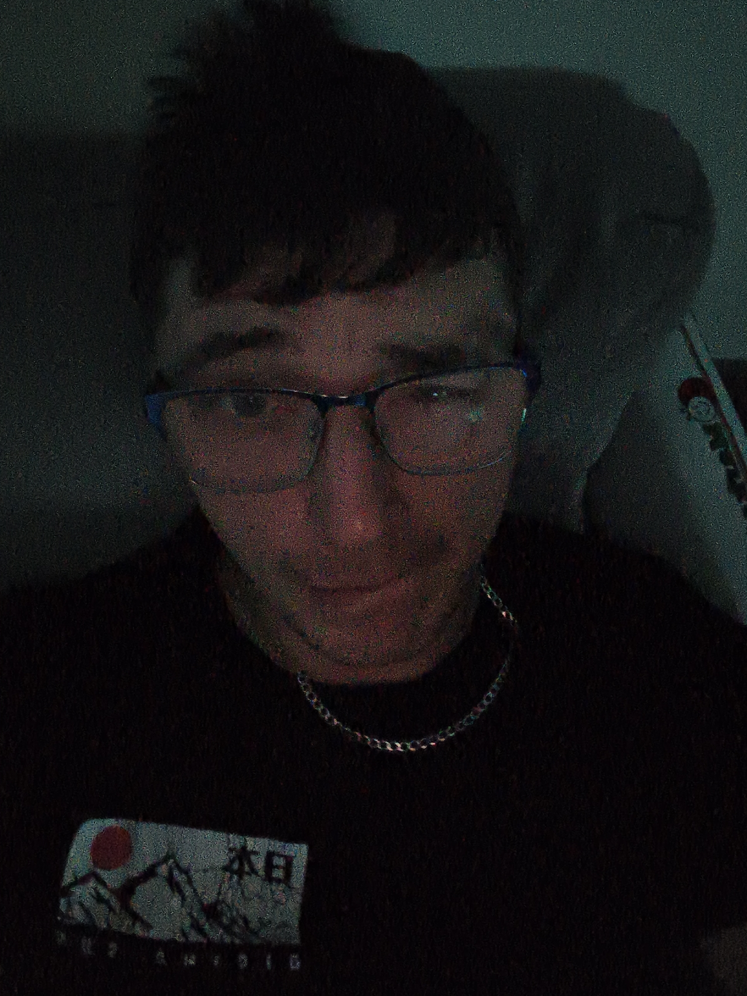 A close-up, dimly lit photograph shows a person wearing glasses and a black T-shirt with a graphic featuring a red sun, mountains, and Japanese text. The person also has a silver chain necklace. The background includes a light-colored pillow or cushion and a blurred object that might be a shelf or wall. The location is unknown.