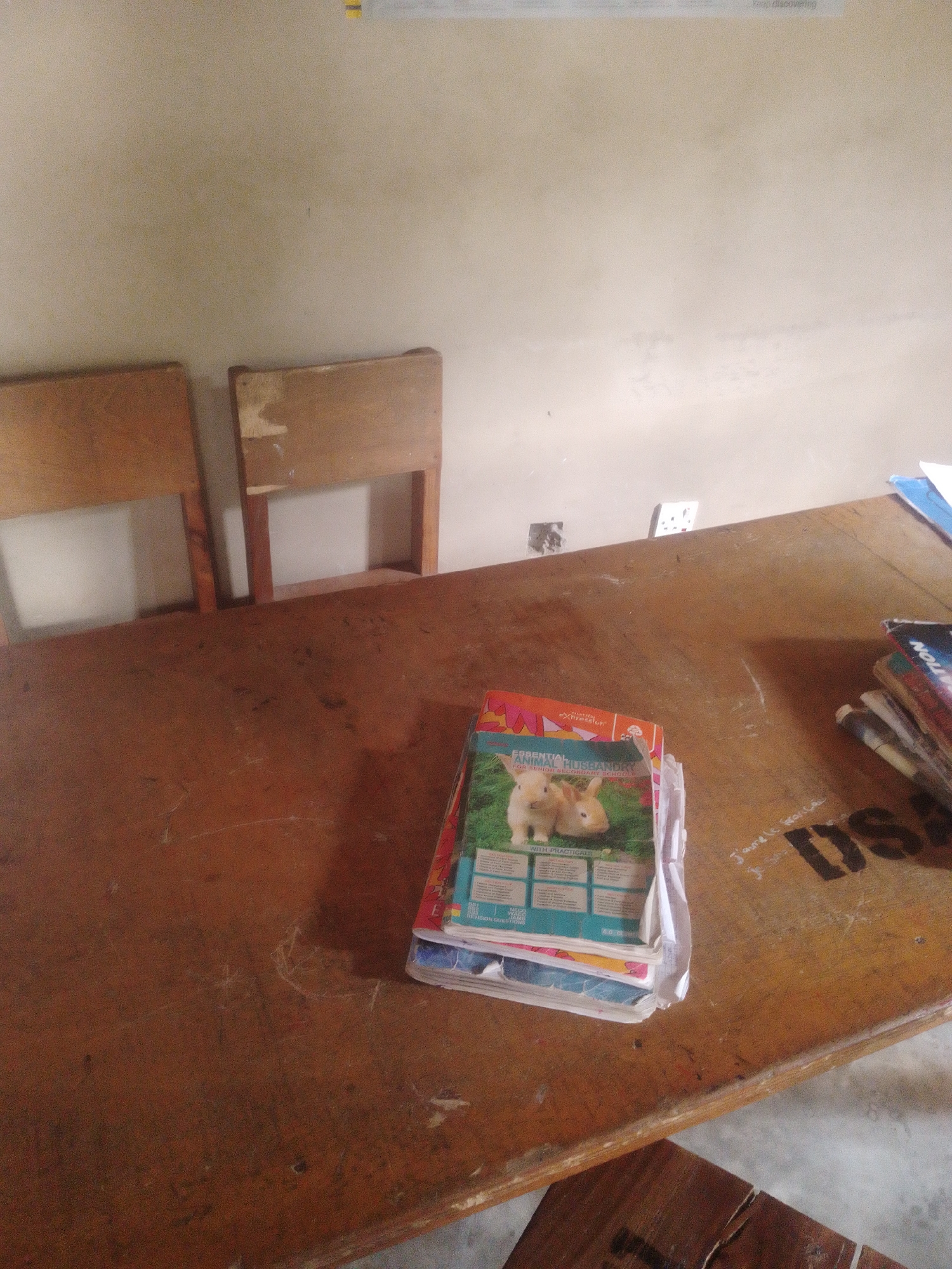 The image depicts a classroom setting, focusing on a worn wooden desk with several stacked books. Two wooden chairs are visible in the background, facing the desk. The wall behind the chairs is a neutral, light color, with some electrical outlets and what appear to be light fixtures or damage on the surface. The desk itself is a dark, reddish-brown wood, showing signs of age and use, with scratches and scuffs visible.
In the foreground, a stack of books is placed on the desk. The top book clearly displays a cover with an illustration of two rabbits and the title "ESSENTIAL ANIMAL HUSBANDRY FOR SENIOR SECONDARY SCHOOLS". Other books are stacked beneath it, some with visible spines and colorful covers. To the right of the books, text is scrawled onto the desk surface, appearing to be names or labels, one of which clearly shows "DS". The lighting suggests an indoor environment, possibly during the day with ambient light.