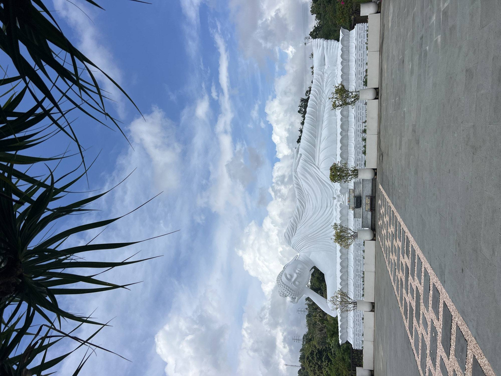 Captured from a low angle, the image depicts a reclining Buddha statue in Pupuan, Indonesia. The white statue stretches horizontally across the frame. A clear sky dotted with white clouds forms the backdrop, visible behind the statue. Palm fronds are visible in the lower left. The statue rests on a tiled platform.