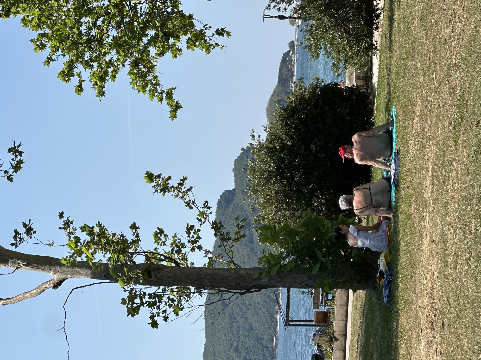 In Bečići, Montenegro, on a sunny day, three people are sitting on the grass near the waterfront. A woman in a light-colored dress is seated to the left, facing a woman in a dark bikini who is facing away from the camera. To the right, a man wearing a red cap and swim trunks is also seated, facing away. They are positioned on colorful towels on a grassy area with a large tree to their left. In the background, the azure water of the sea meets a distant, verdant hillside under a clear blue sky. A small boat and a covered structure are visible on the water.