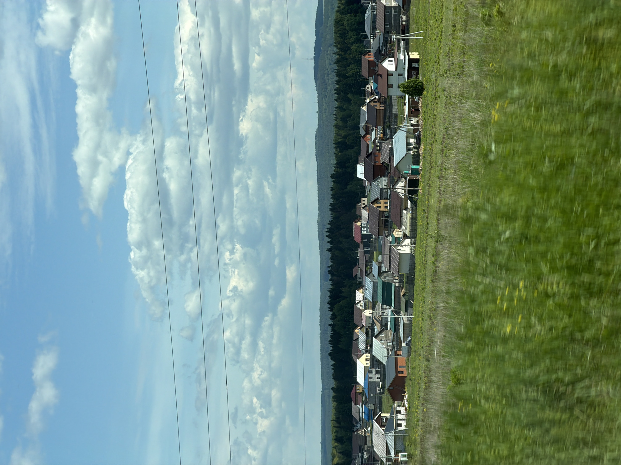 This image depicts a rural or semi-rural landscape, purportedly in Кварса, Russia, captured from a moving perspective under daylight conditions. The upper third of the frame shows a light blue sky with numerous white and light grey cumulus clouds. Three dark, thin power lines horizontally traverse the sky and the top edge of a distant forest.
Below the power lines, a dense, dark green forest or treeline extends across the midground, forming the horizon. Behind this primary treeline, faint rolling hills or elevated landforms with sparse vegetation are visible, particularly towards the right side of the image.
In the mid-ground, nestled in front of the forest, is a cluster of residential houses forming a village or settlement. These houses vary in size, architectural style, and color. Most have pitched roofs, with materials appearing to include metal sheeting in shades of grey, blue, green, red, and brown. Building facades are a mix of light-colored plaster, brick, and wood. Utility poles with overhead lines are visible within the settlement. No individuals are discernible within the settlement.
The foreground is dominated by a wide expanse of vibrant green field, likely grass, interspersed with small yellow wildflowers. This foreground area exhibits pronounced horizontal motion blur, suggesting the photograph was taken from a vehicle or platform in motion.