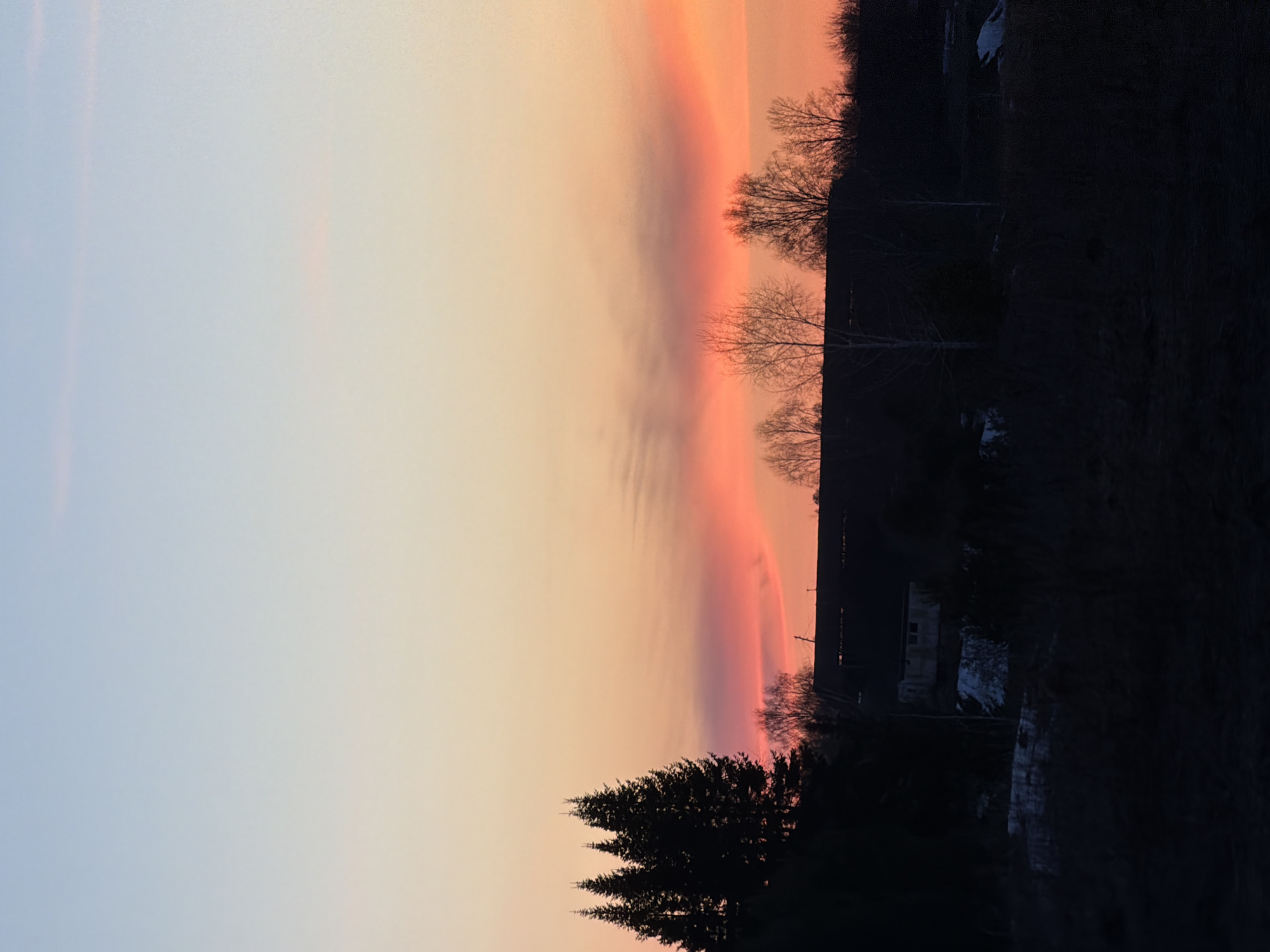 A landscape shot depicts a vibrant sky transitioning from light blue on the left to orange and pink hues. A dark, silhouetted treeline runs across the lower right side of the image. The image appears to have been taken near or in Gory, Russia. Specific locations or identifiers of any people, objects, actions or interactions cannot be determined.