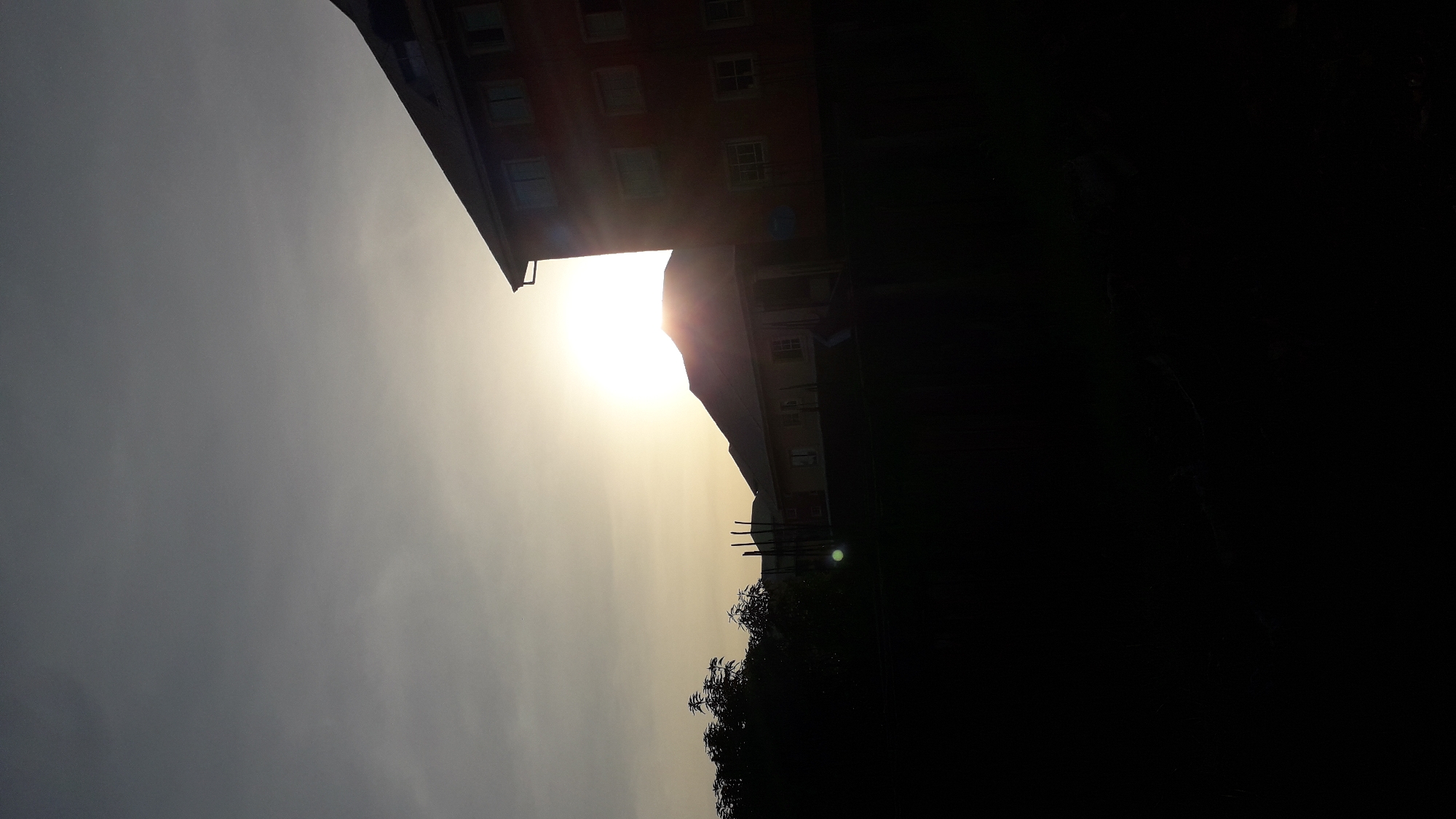 The image, likely taken in Nkpor, Nigeria, shows a low-angle view of a building silhouetted against the setting sun. The building appears to be multi-story with visible windows. The sky is overcast with a hazy yellow-grey color. The foreground is in deep shadow, obscuring details of the trees and ground. The lighting is dramatic due to the intense backlight from the sun.
